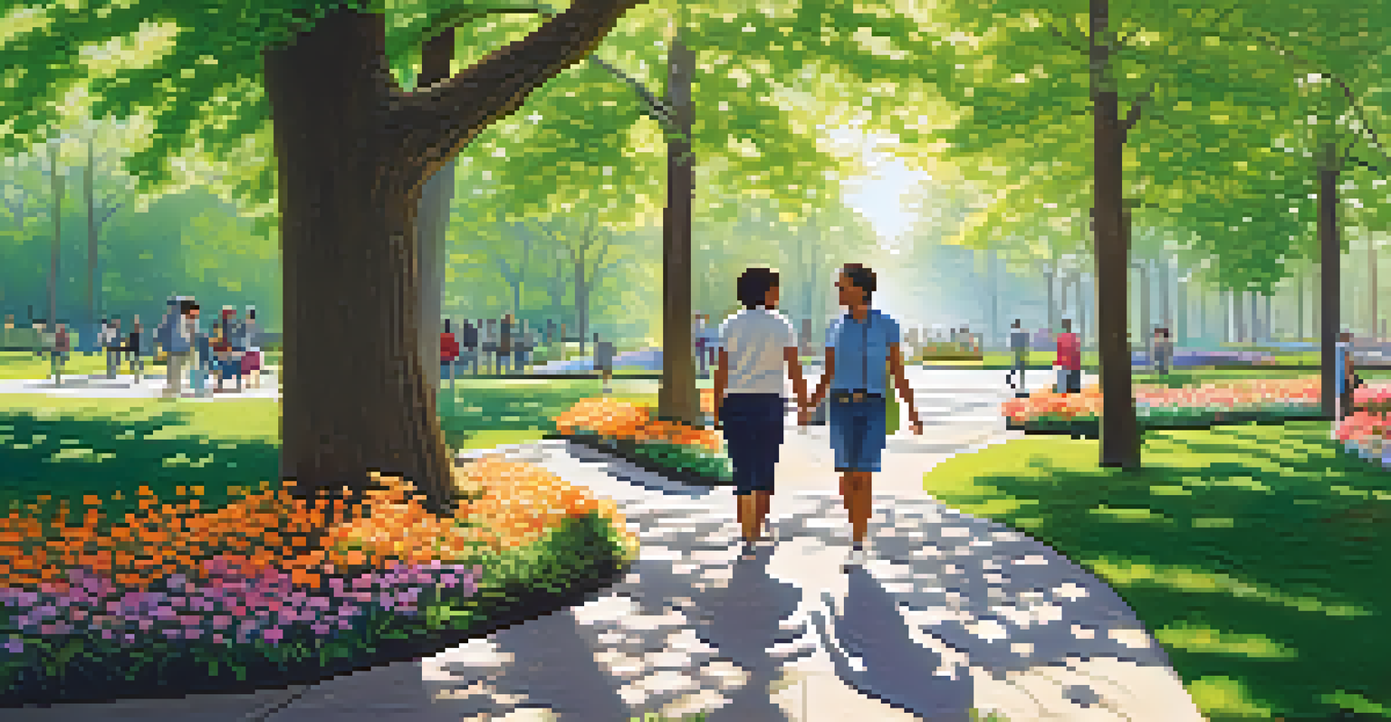 A group of individuals walking and conversing in a park, participating in a support group discussion, surrounded by nature.
