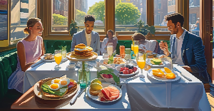 A lively brunch setting with a variety of colorful dishes on a table, sunlight streaming in through windows, and patrons enjoying their meals.