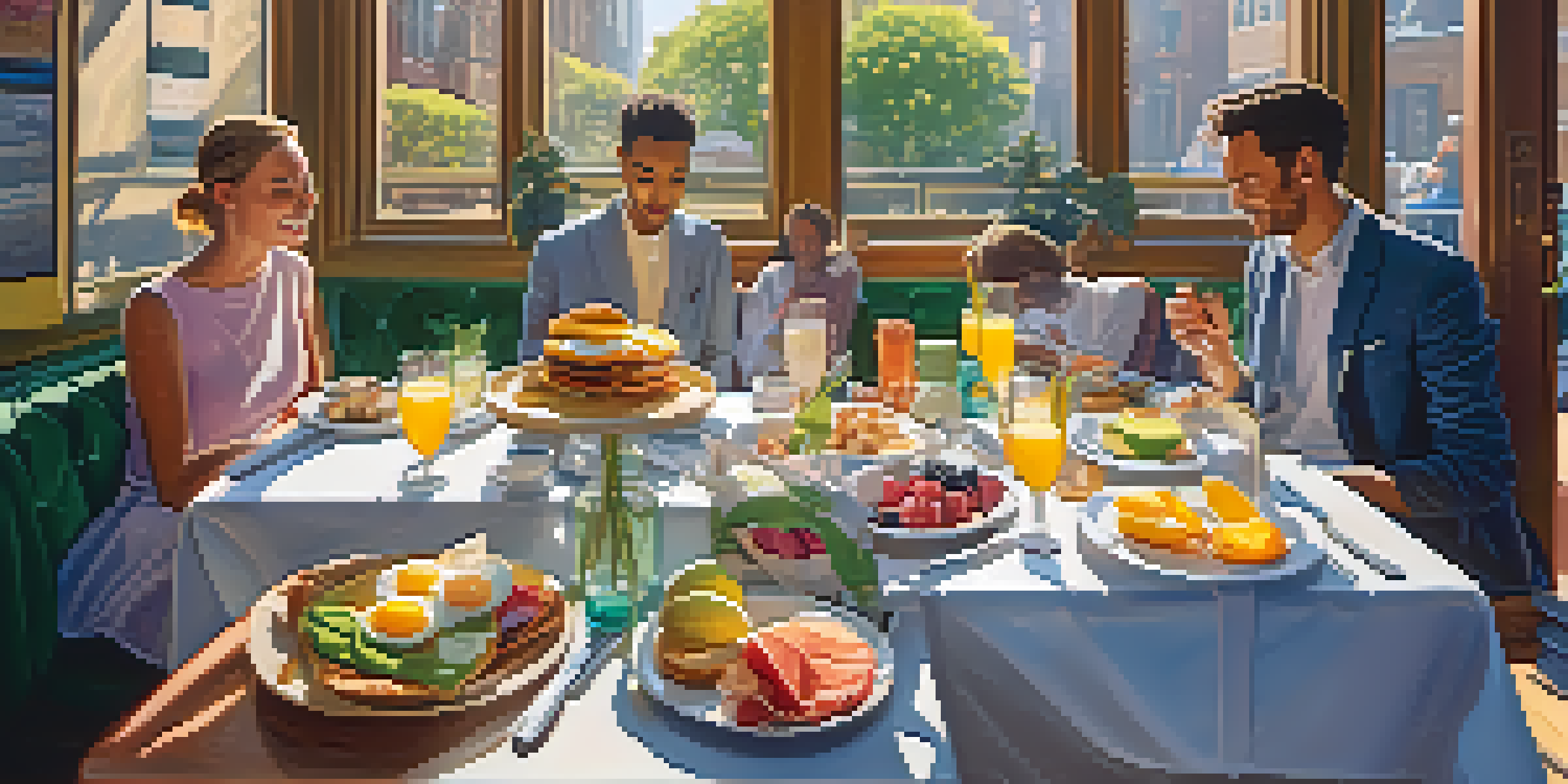 A lively brunch setting with a variety of colorful dishes on a table, sunlight streaming in through windows, and patrons enjoying their meals.