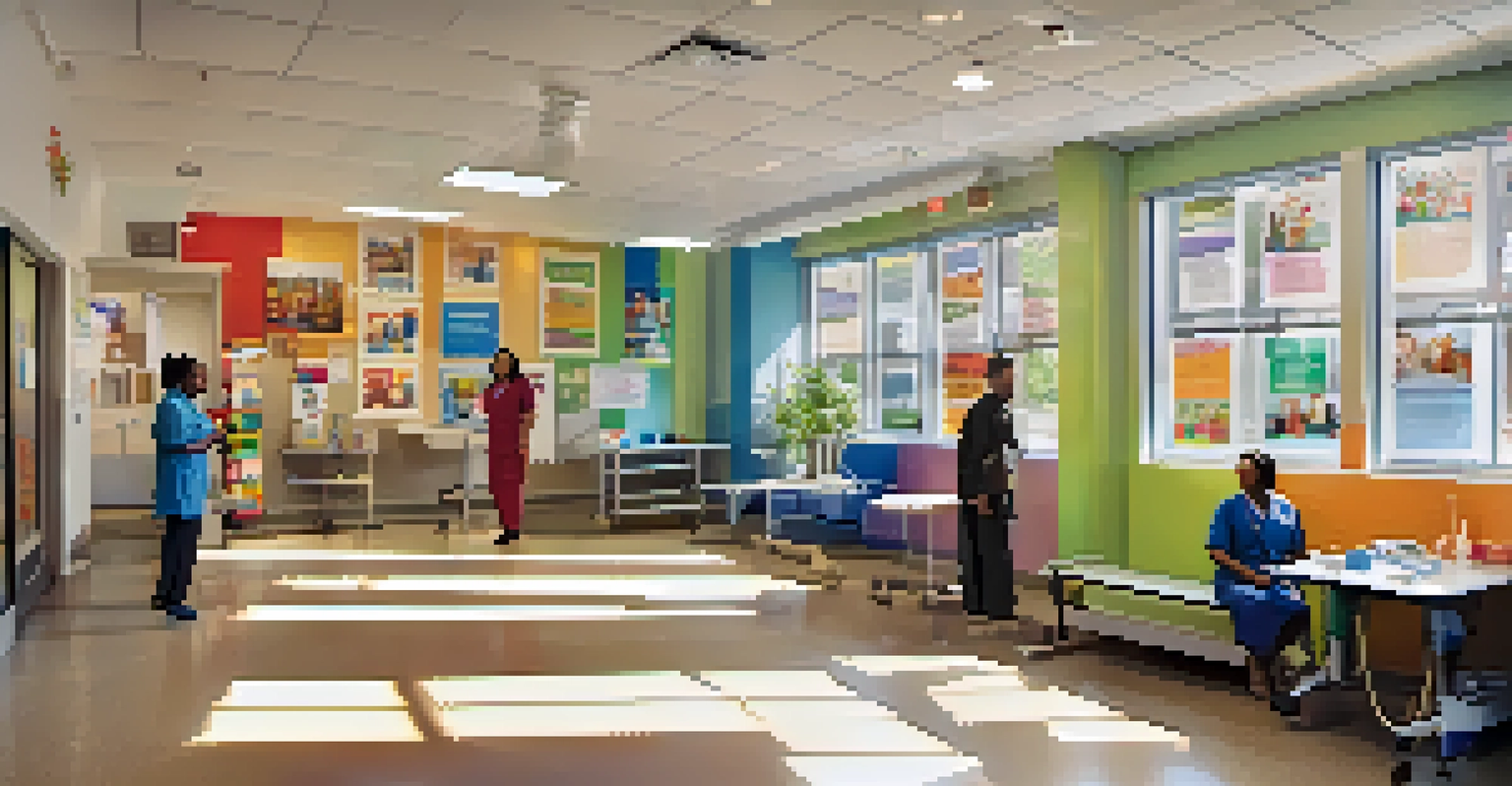 A warm and welcoming community health center in New York City with healthcare professionals and diverse patients interacting inside.