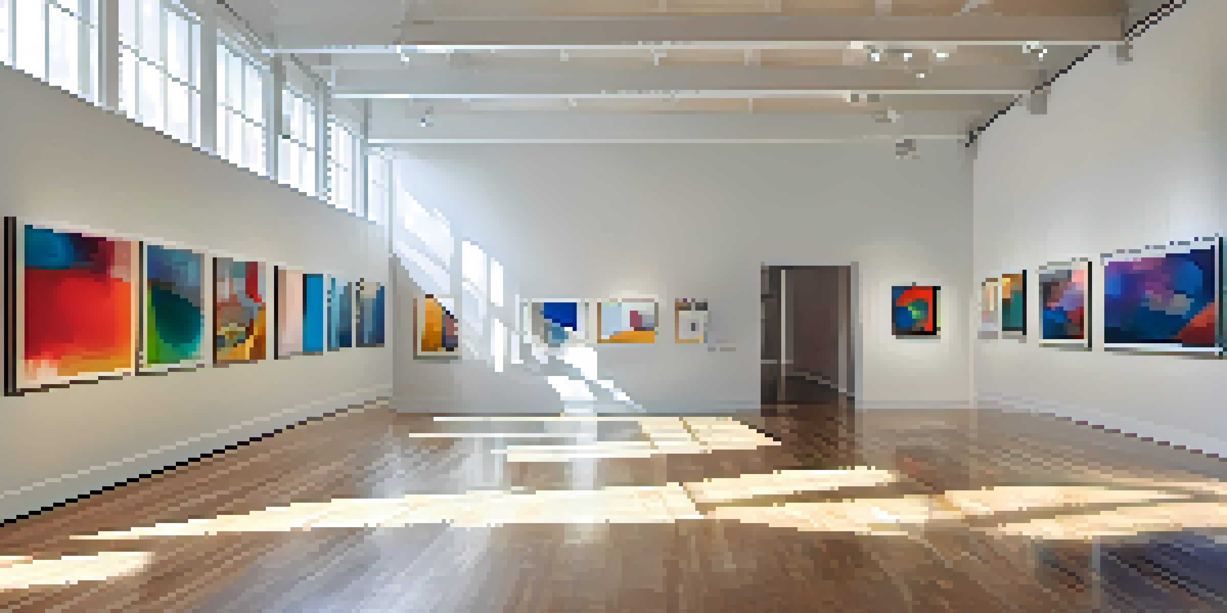 An interior view of a bright art gallery filled with abstract paintings, with people admiring the art and natural light streaming through large windows.