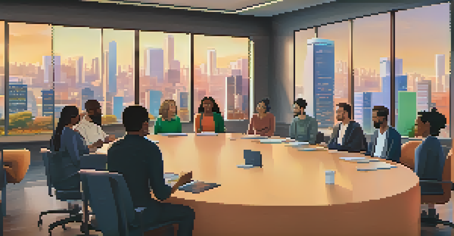 A virtual town hall meeting with diverse participants on video calls, featuring a city skyline background.