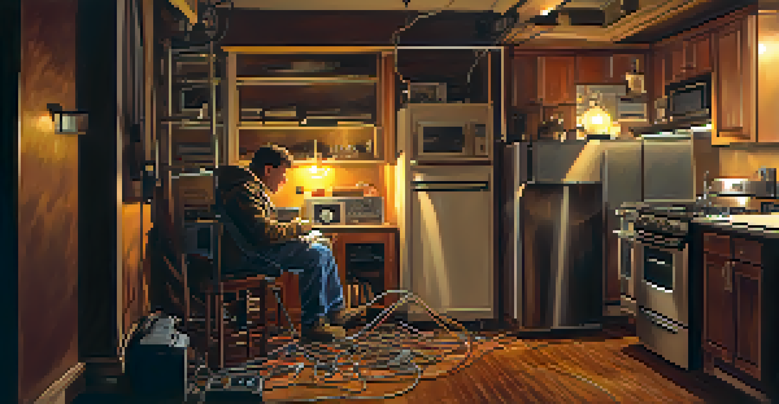 An electrician inspecting old wiring in a residential apartment, using a flashlight to examine discolored outlets and flickering lights.