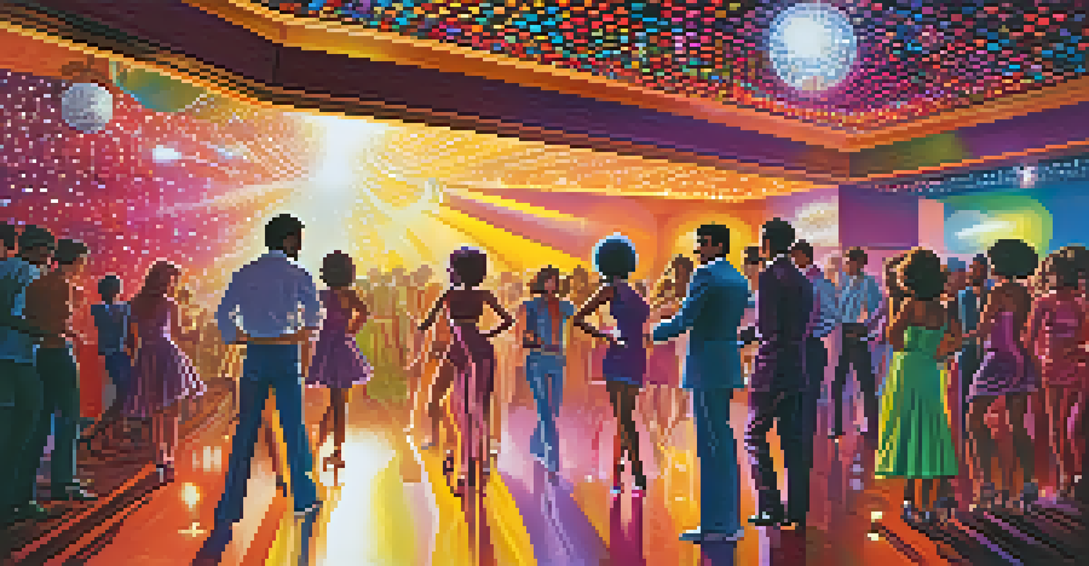 A 1970s New York City disco club with a disco ball and energetic dancers in stylish attire.