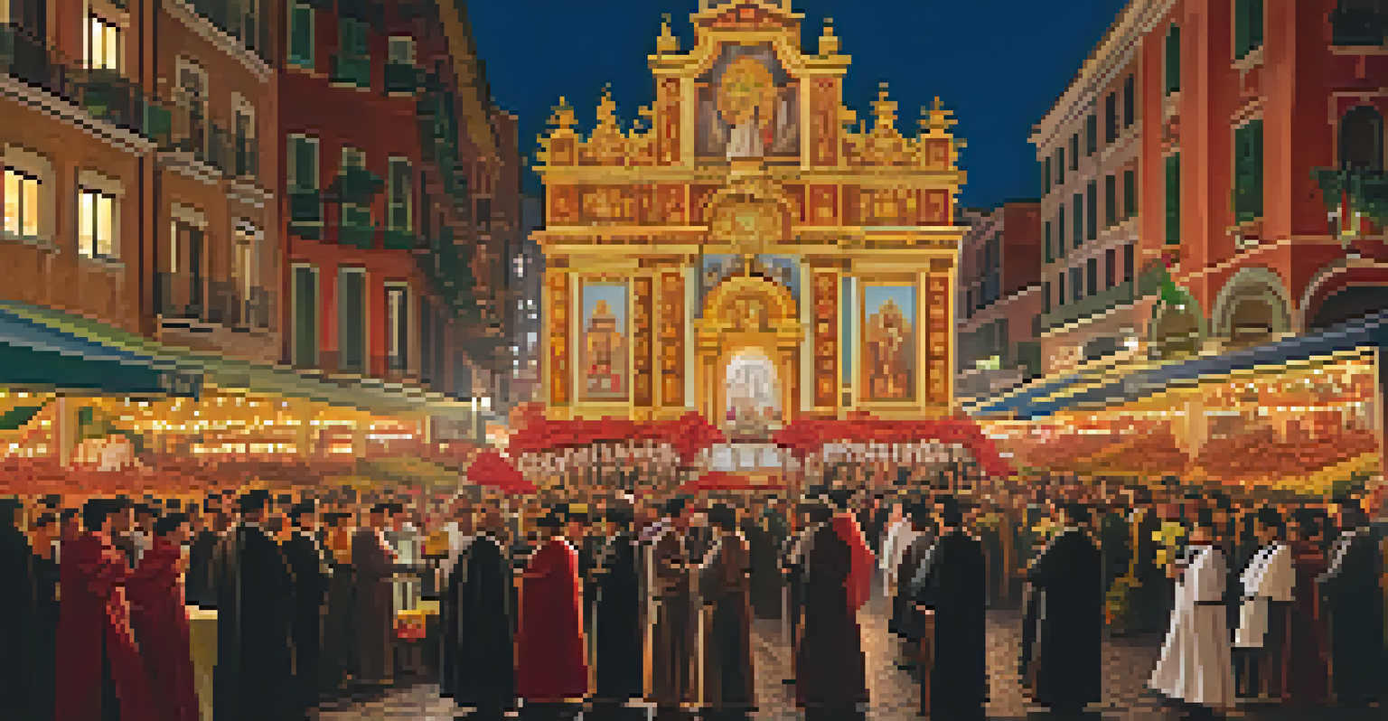 A procession featuring a statue of San Gennaro carried by participants in traditional attire, illuminated by evening lights.