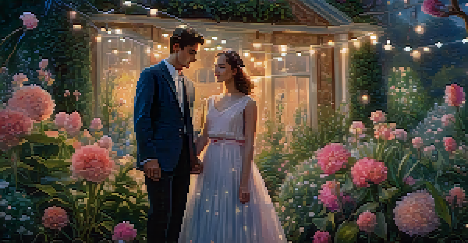A whimsical garden scene from 'The Fantasticks' with young lovers in vintage clothing, surrounded by blooming flowers and fairy lights.