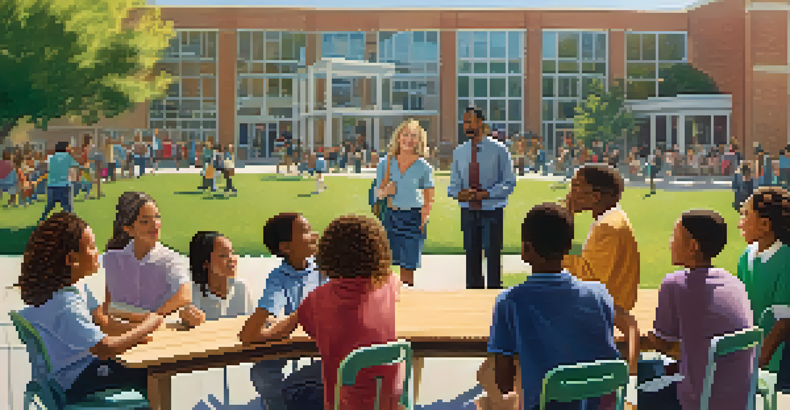 Parents and teachers discussing during a school meeting in a sunny schoolyard with children playing.