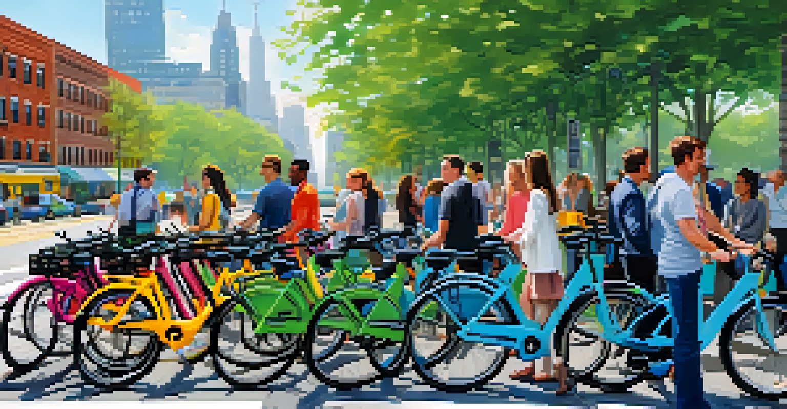 A bike-sharing station in New York City filled with colorful bikes and people using the service, set against a lively urban backdrop.