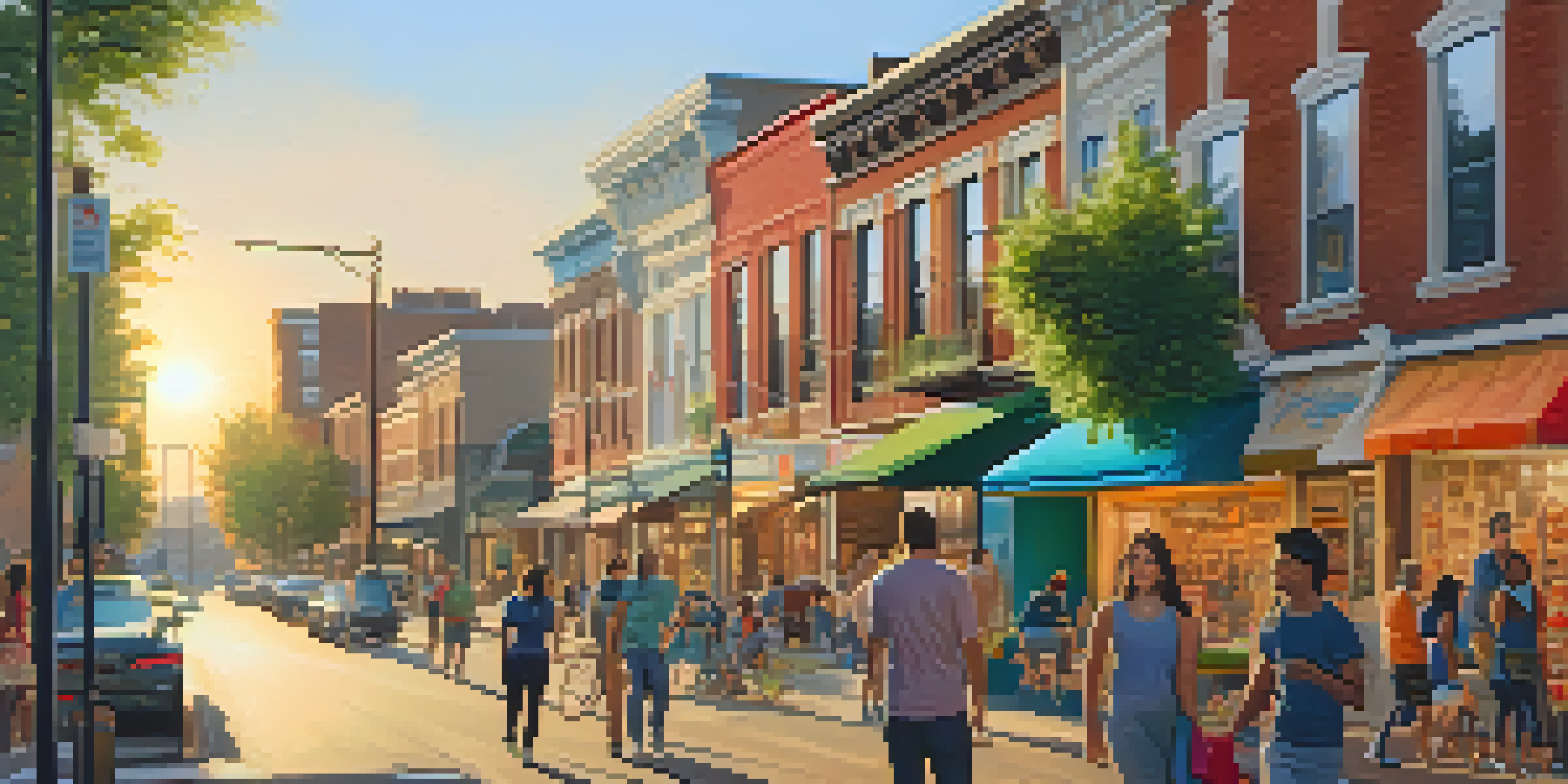 A busy urban street filled with diverse people, colorful street art, and local shops, bathed in warm golden hour light.