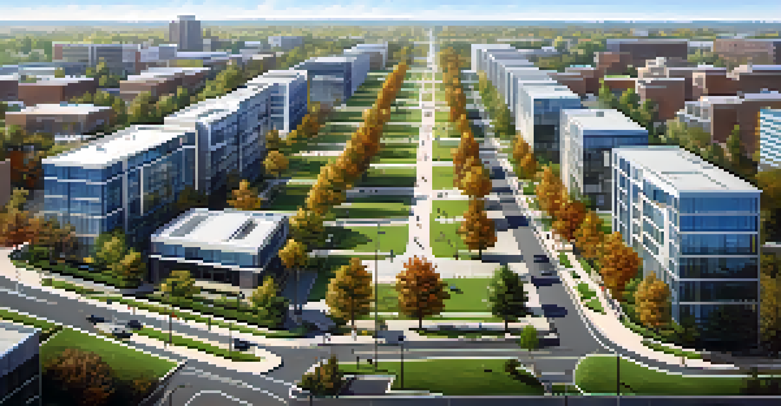 An aerial view of a suburban office park with modern buildings and green spaces, featuring people walking and biking.