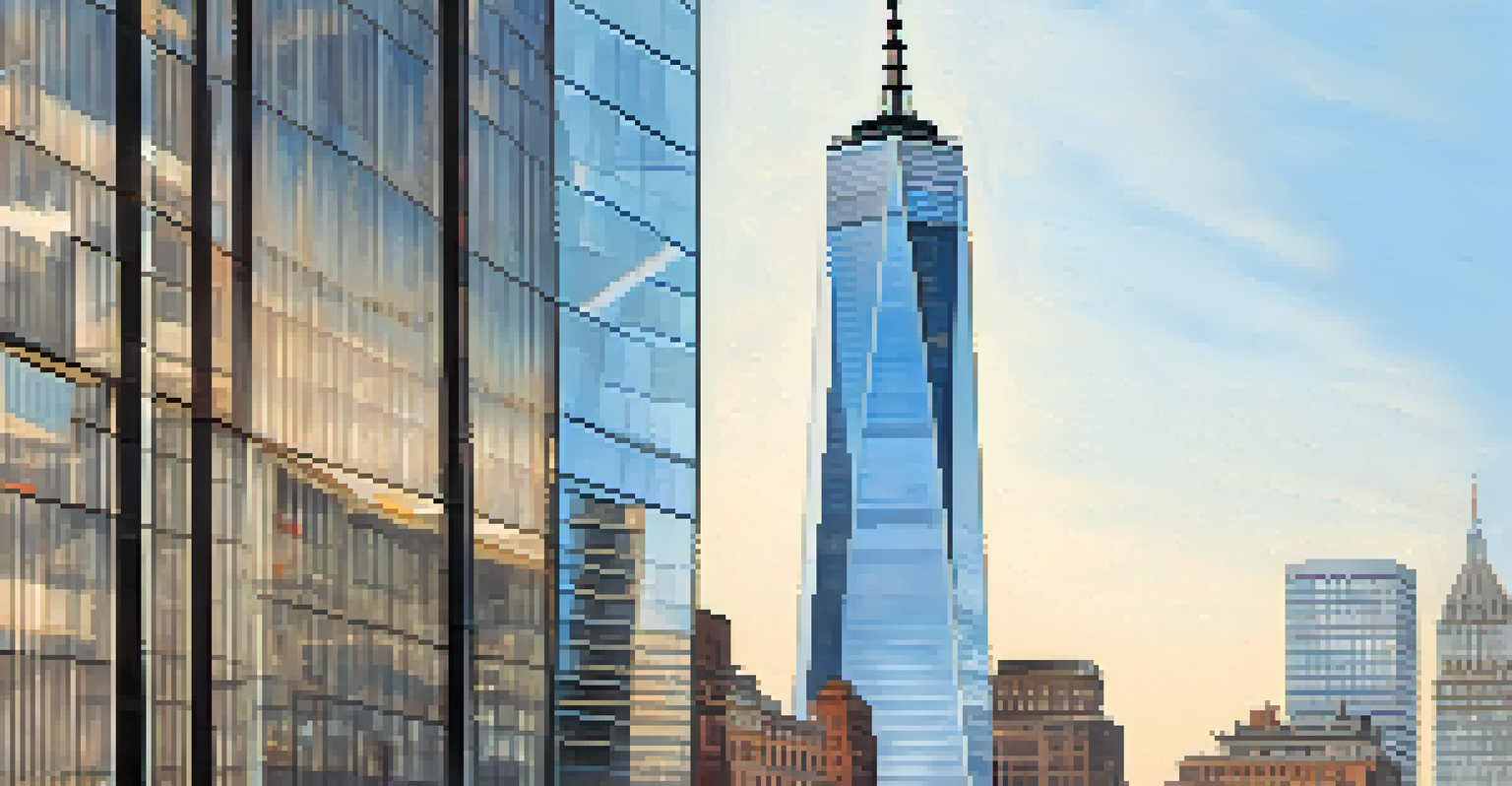Close-up of the base of One World Trade Center, highlighting its unique design and glass facade with reflections of the city.
