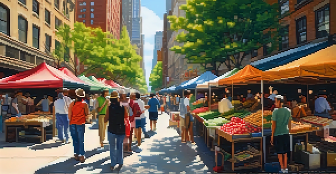 A lively market scene in NYC with diverse tourists interacting with local artisans, colorful stalls filled with crafts and food, and sunlight filtering through trees.