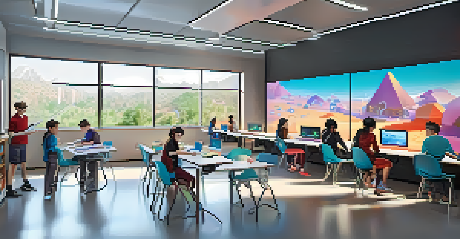 A high-tech classroom where students are using virtual reality headsets and interactive screens for their learning.