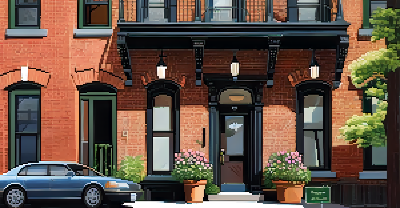 A close-up of a 'For Sale' sign in front of a brownstone building, with flowers around it and soft morning light.