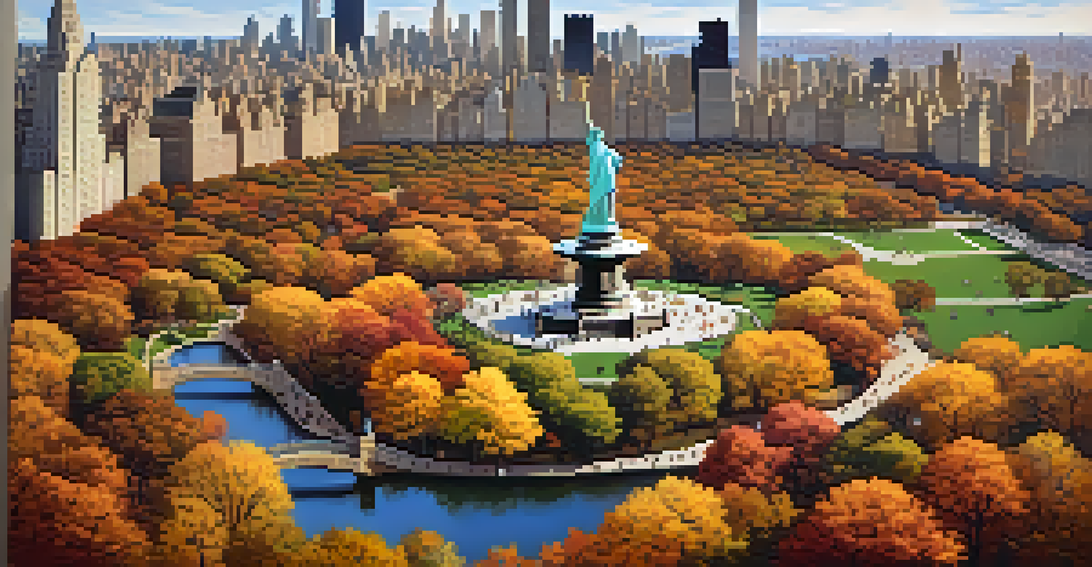 An aerial view of Central Park in autumn, filled with colorful trees and people enjoying outdoor activities, surrounded by Manhattan skyscrapers.