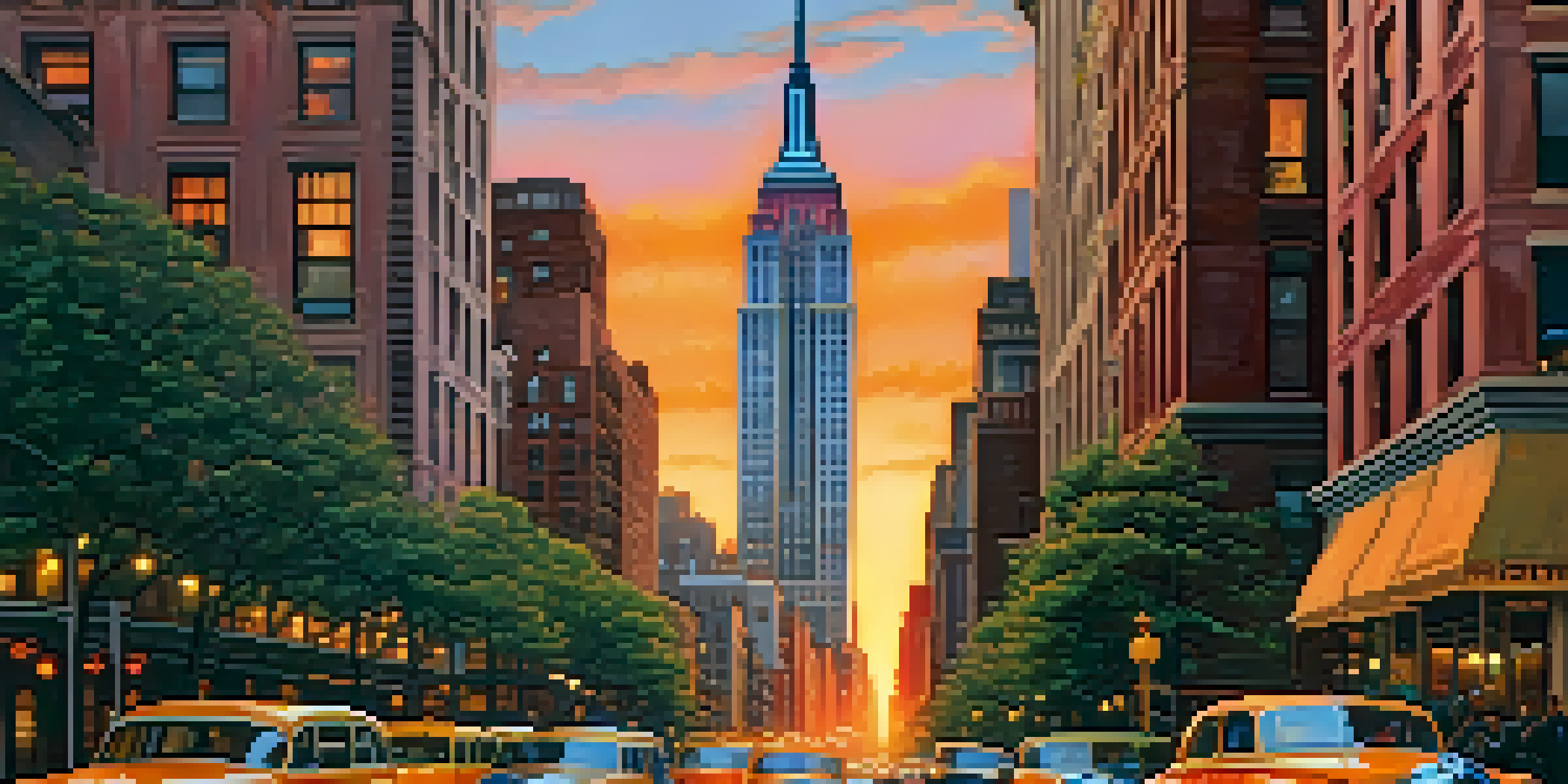 A sunset view of the Empire State Building with vibrant colors in the sky and busy streets below.