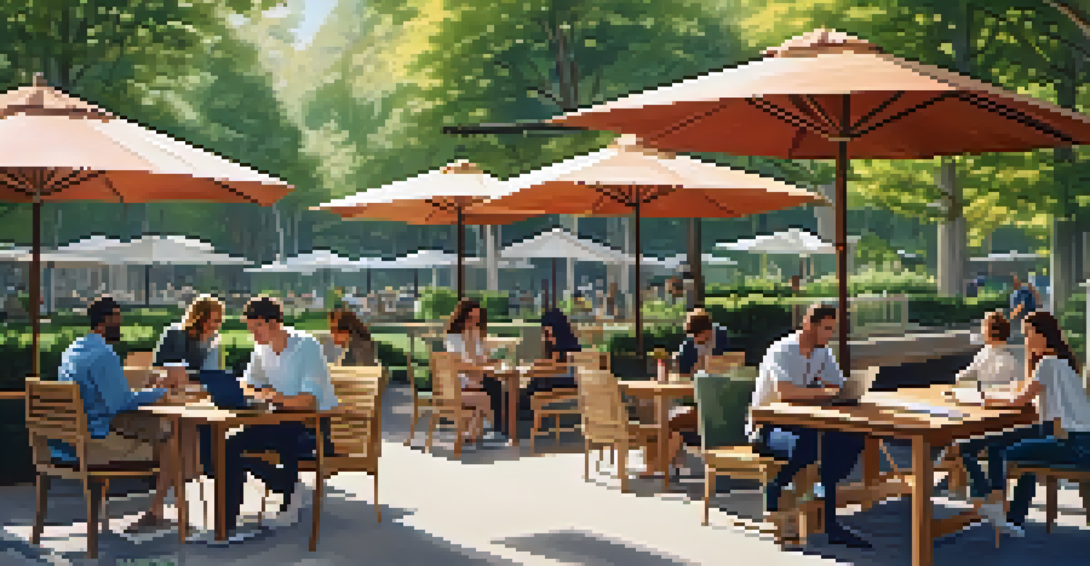 An outdoor co-working space with people working on laptops, surrounded by trees and soft sunlight.