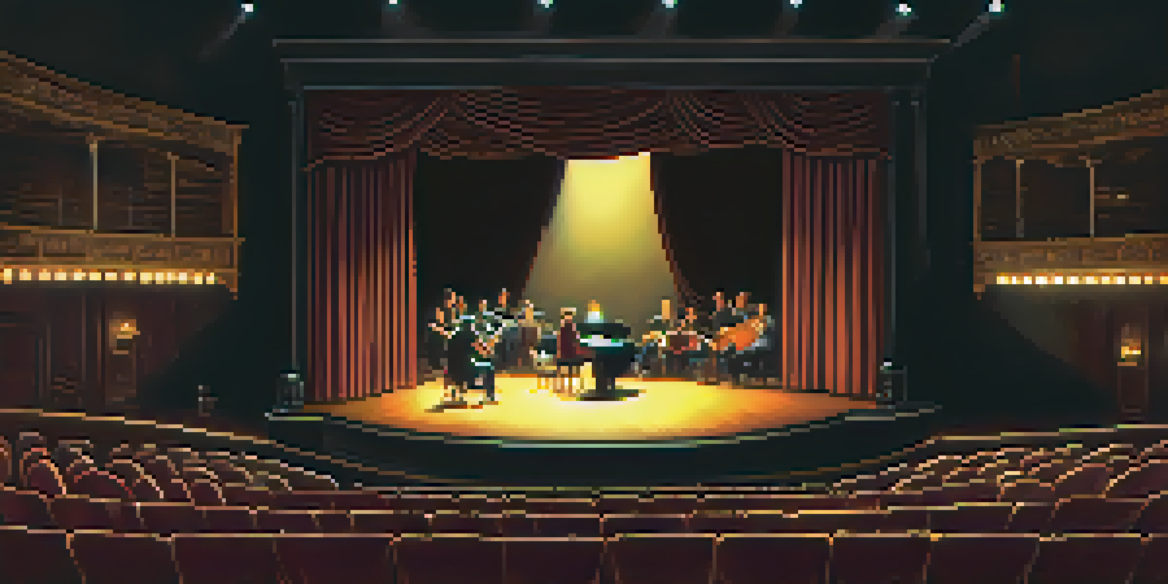 A small, intimate theater with an engaged audience watching a performance on stage, illuminated by soft lighting.