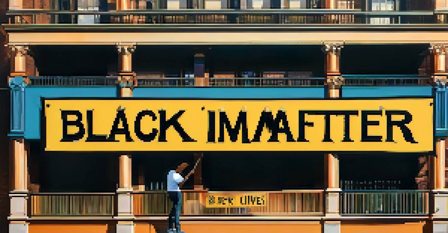 A close-up of a hand holding a brightly colored 'Black Lives Matter' sign in front of a historic building in NYC.