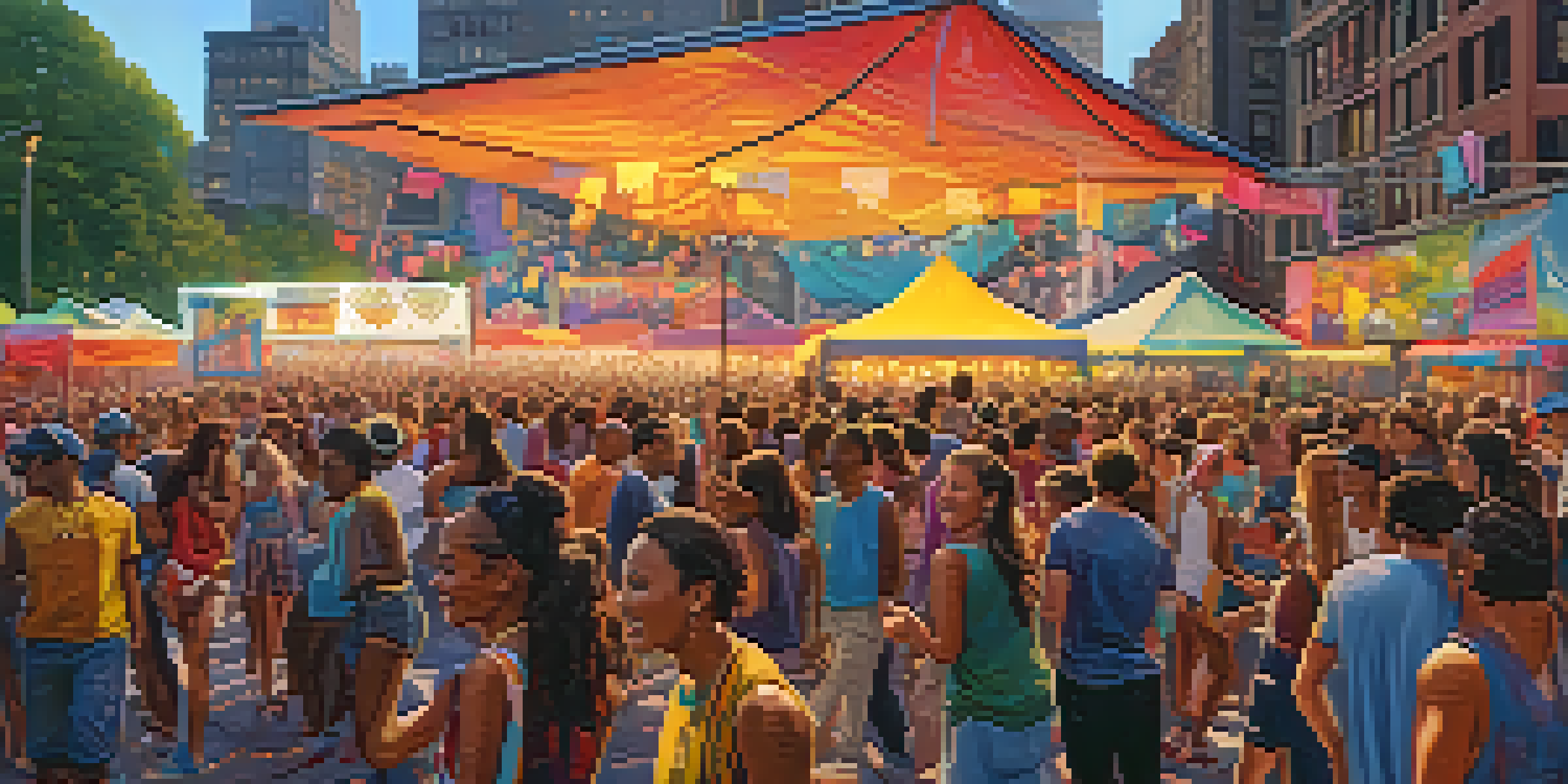 A lively music festival in NYC with diverse young attendees in colorful outfits, enjoying live music and food stalls in the background.