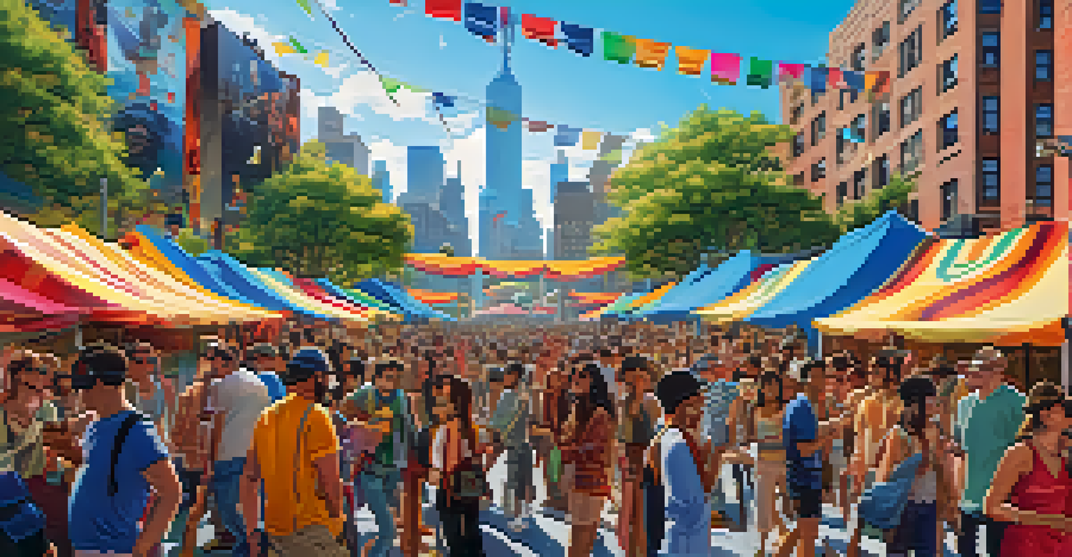 An outdoor cultural festival showcasing a VR installation, with diverse attendees interacting with characters and vibrant art displays.