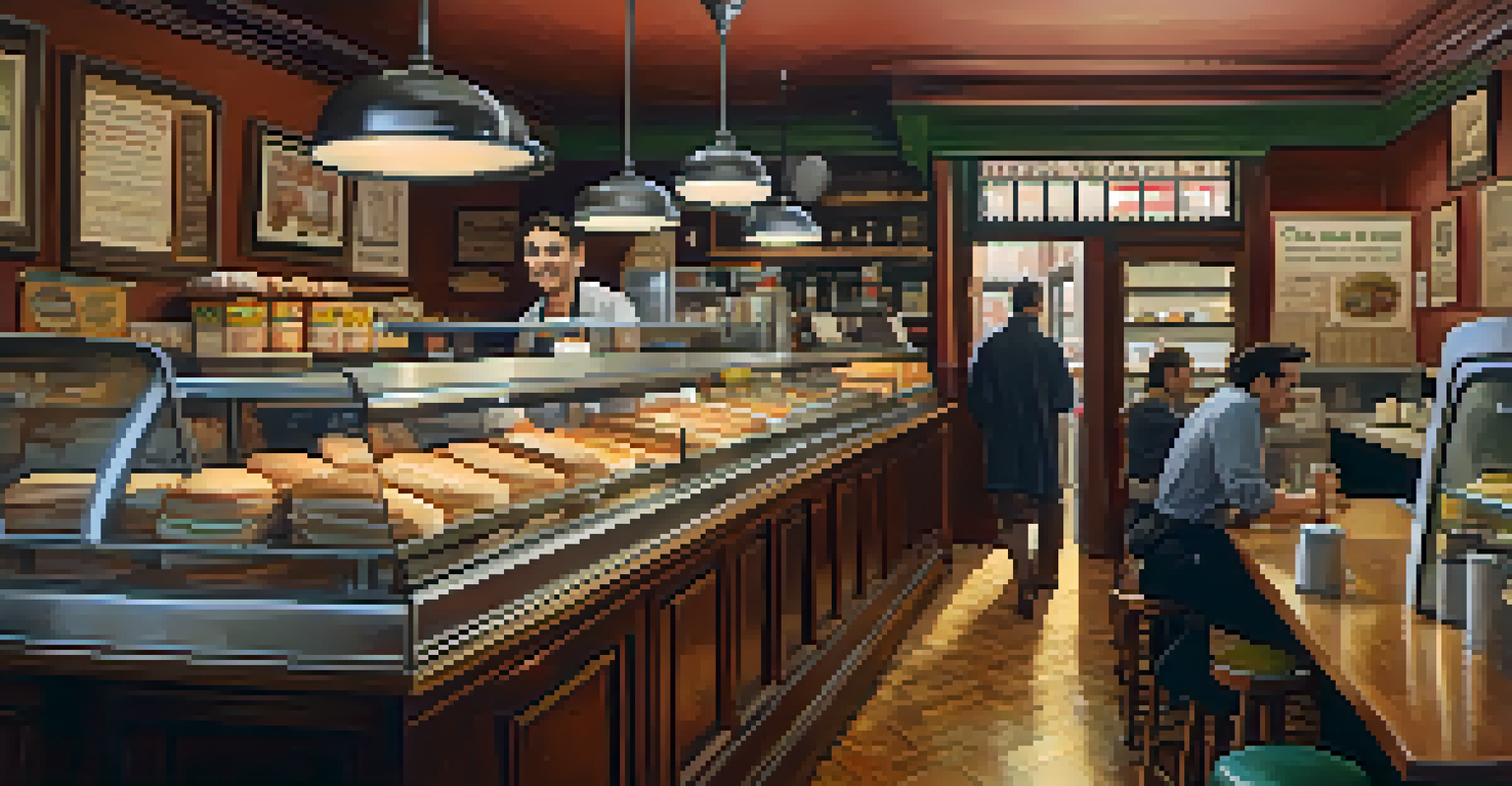 The interior of a classic deli in the Lower East Side, with wooden tables, vintage decor, and a counter filled with delicious sandwiches, illuminated by soft, warm lighting.