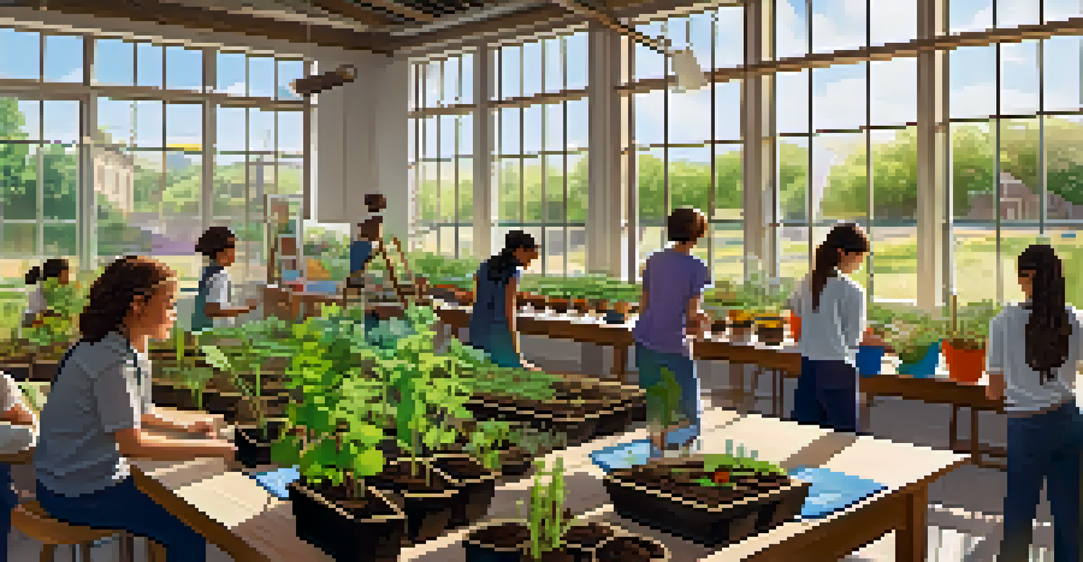 A classroom workshop with students planting seeds in pots, surrounded by posters about sustainability, with sunlight streaming in.