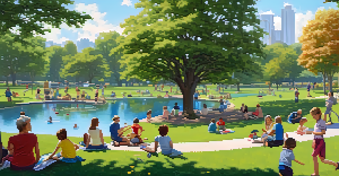 A lively city park with green trees, colorful flowers, and people enjoying outdoor activities on a sunny day.