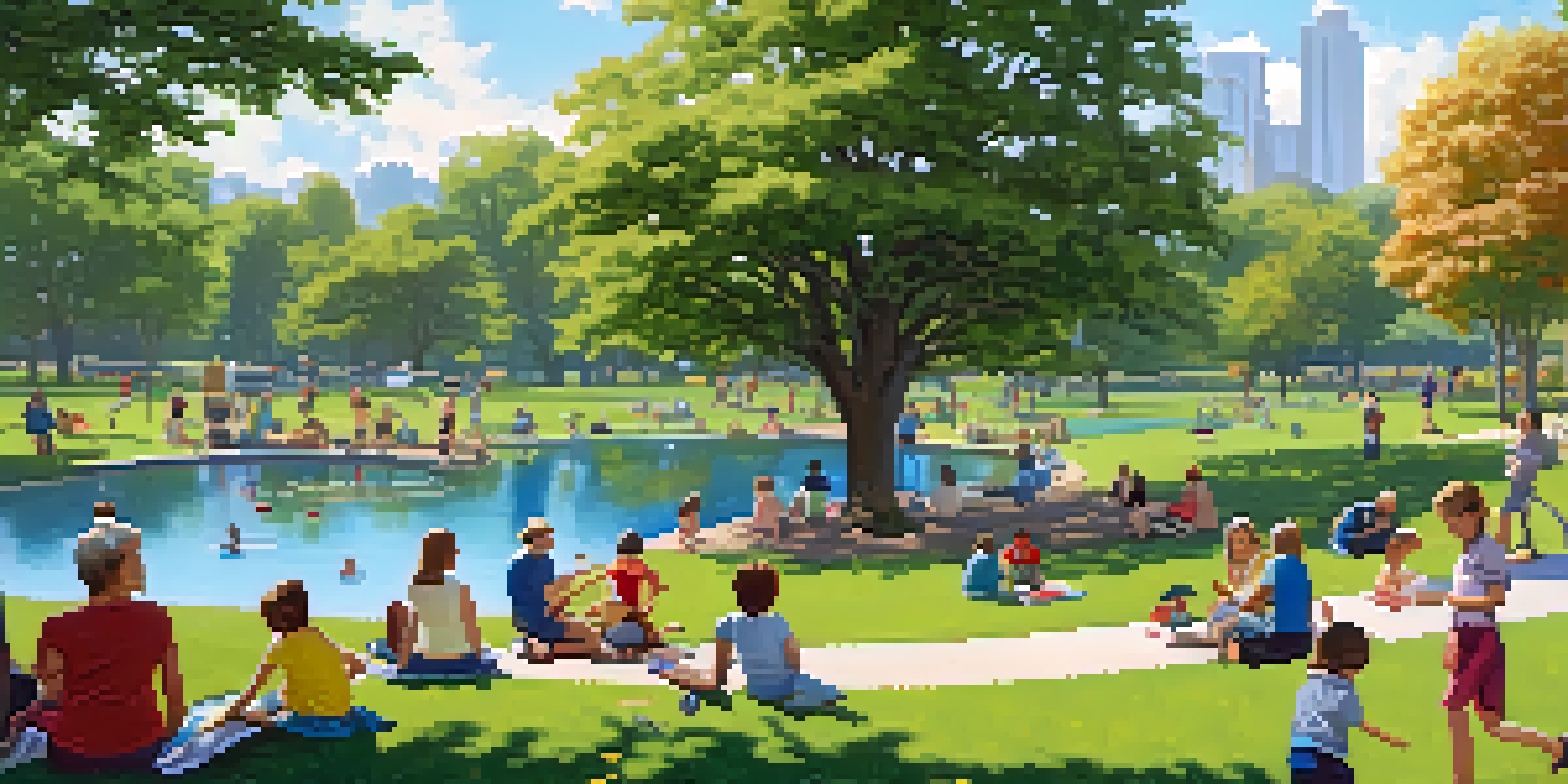 A lively city park with green trees, colorful flowers, and people enjoying outdoor activities on a sunny day.