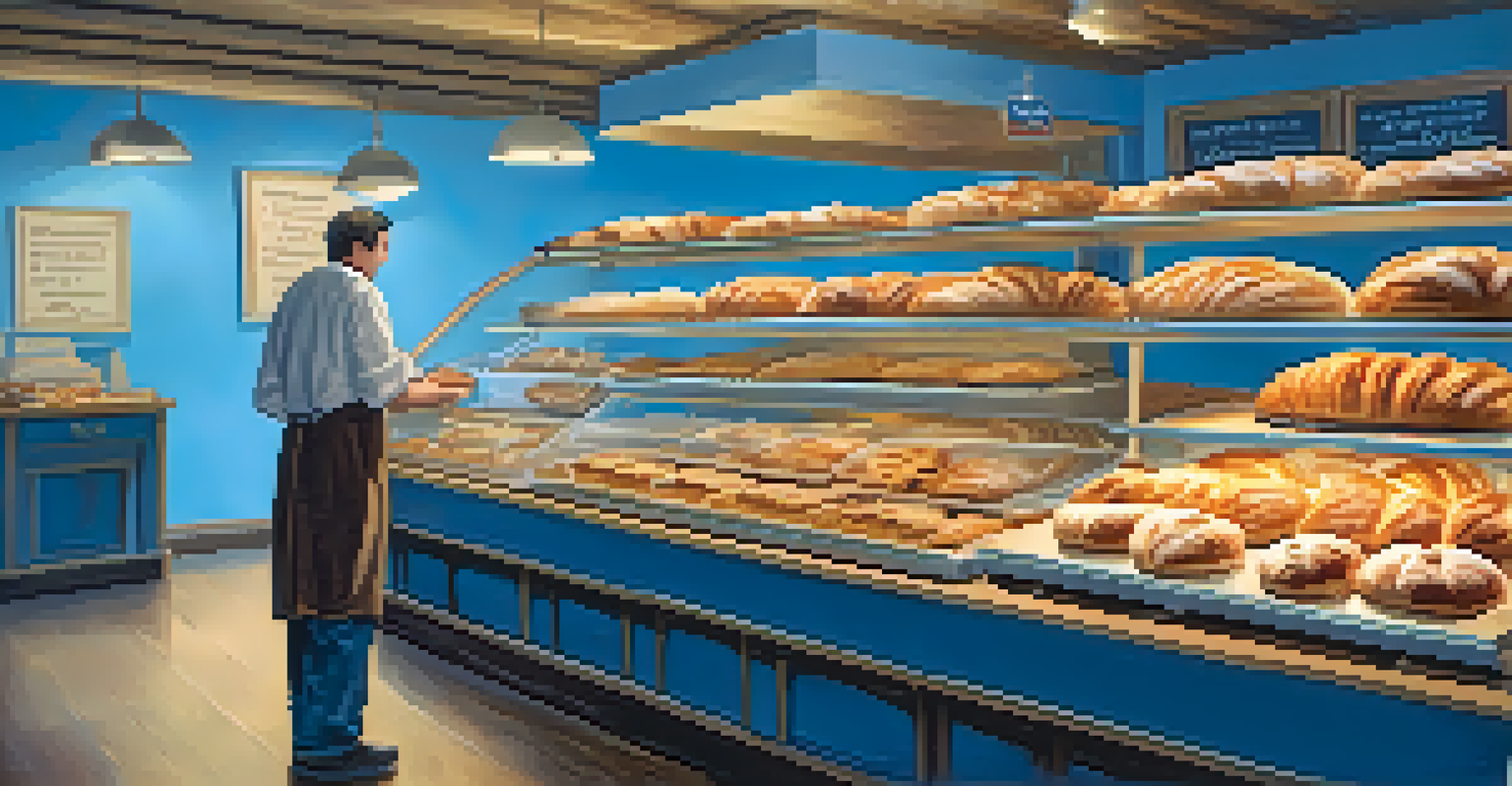 A cozy bakery display filled with delicious pastries and a baker preparing to serve customers.