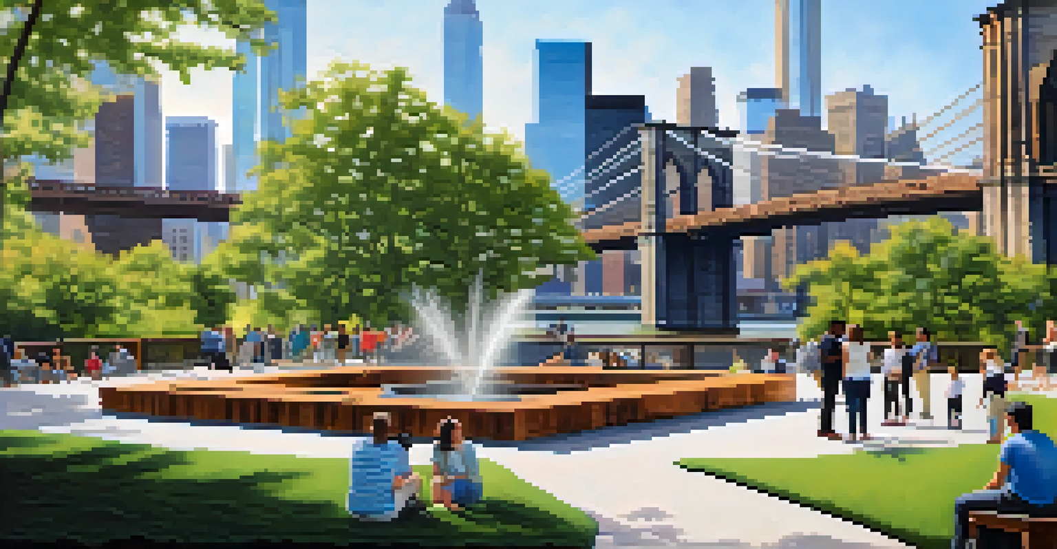 Visitors interacting with a large artistic installation in Brooklyn Bridge Park that reflects the Manhattan skyline, surrounded by lush greenery under natural sunlight.