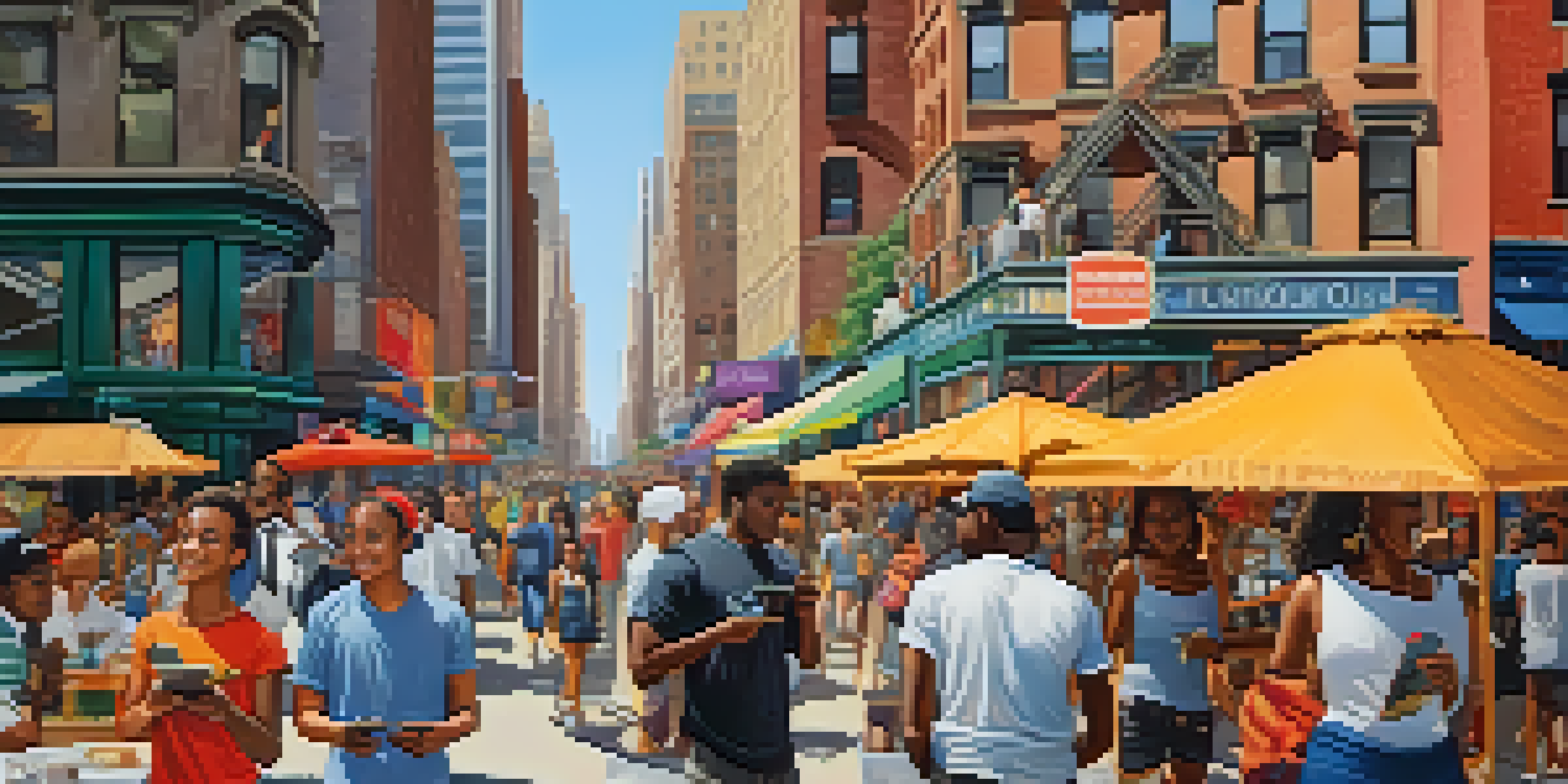A colorful mural showing a diverse group of people discussing politics on a New York City street, with a street artist painting and iconic buildings in the background.