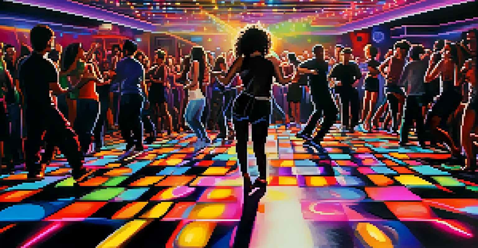 A crowded dance floor in a New York City nightclub with colorful lights and a DJ in the background.