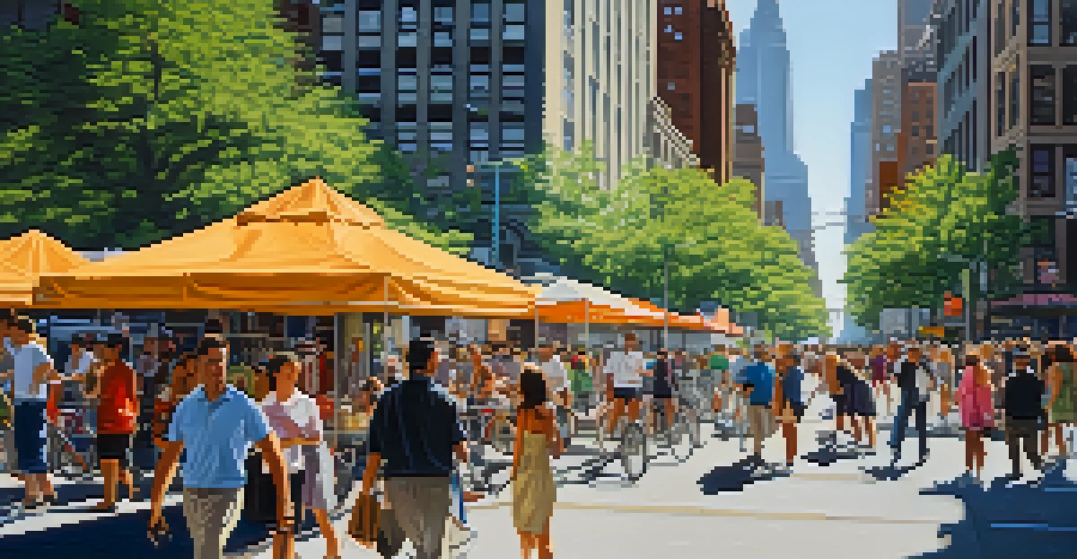 A busy New York City street filled with people, street vendors, and cyclists, with tall buildings in the background and sunlight creating shadows.