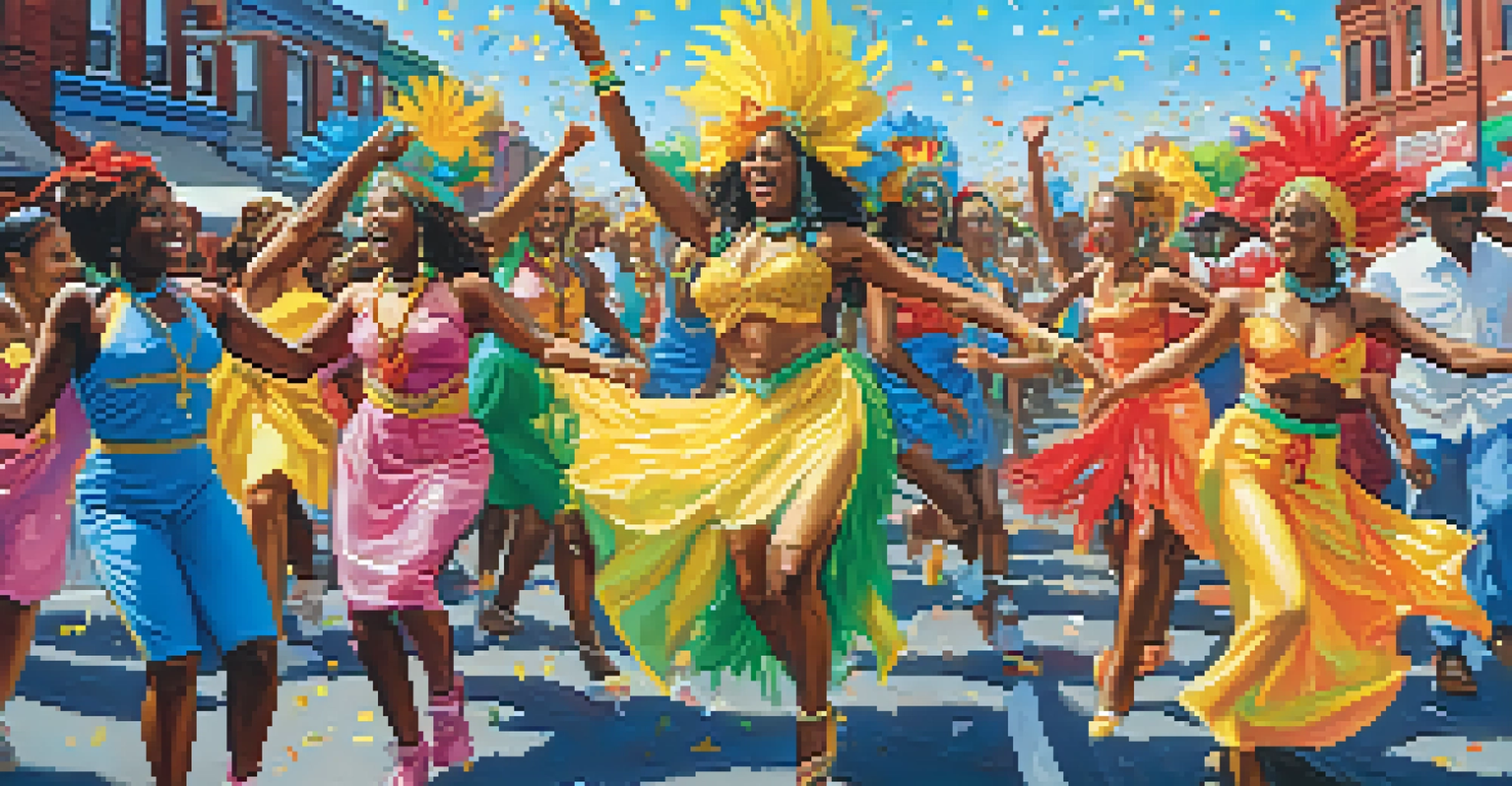 A vibrant West Indian American Day Carnival in Brooklyn with dancers in bright costumes and joyful attendees enjoying Caribbean food under a clear blue sky.