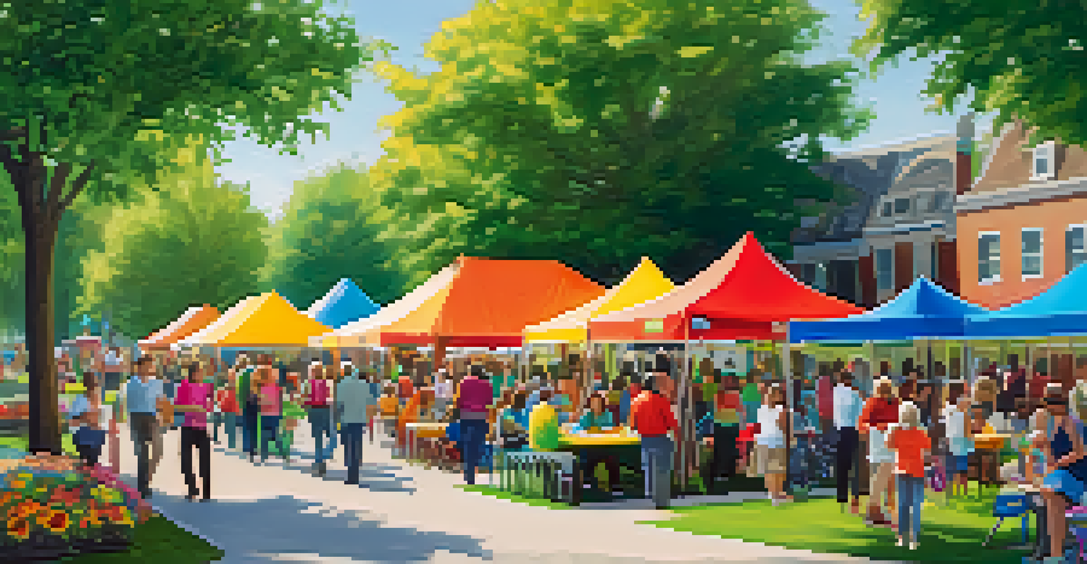A community event in a park with board members interacting with residents and colorful tents set up.