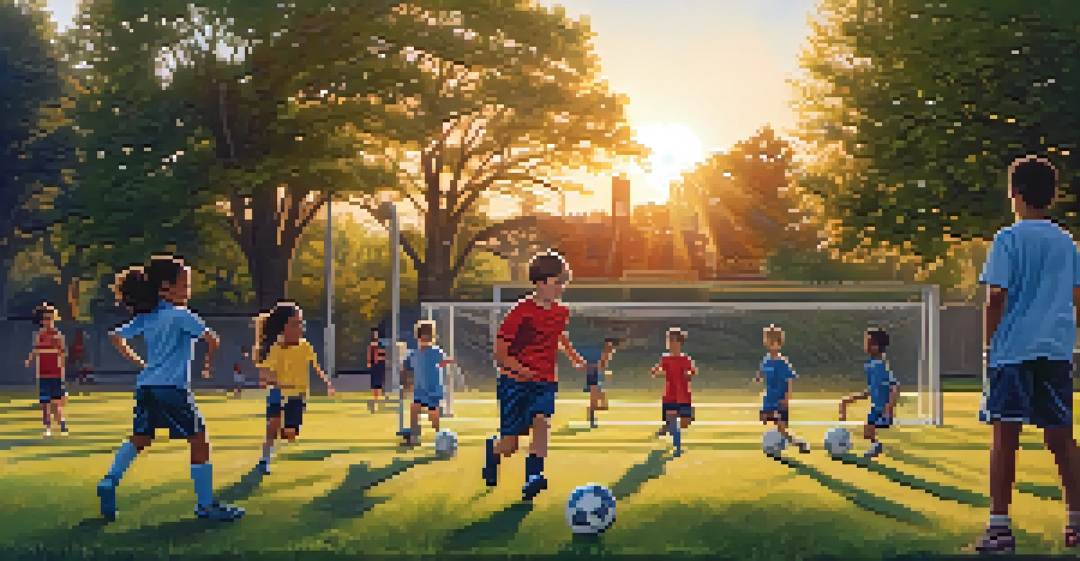 Children of various backgrounds practicing soccer in a neighborhood park during sunset, with parents cheering from the sidelines, emphasizing teamwork and community spirit.