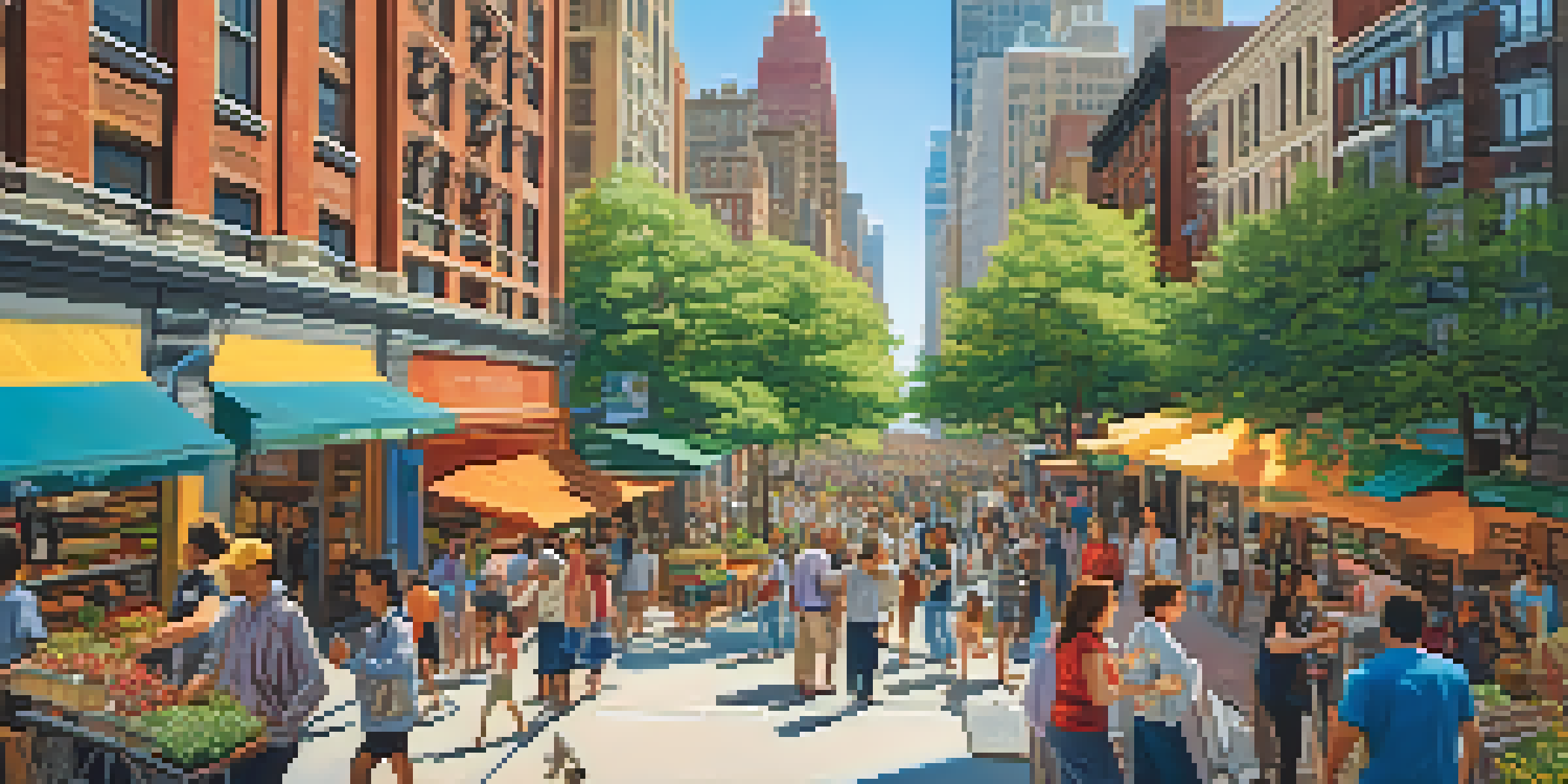 A vibrant New York City street filled with diverse people and solar panels on rooftops, showcasing urban life and renewable energy.