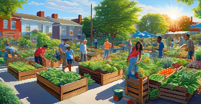 A diverse group of people working in a lush community garden, surrounded by blooming flowers, fruits, and vegetables under a sunny sky.
