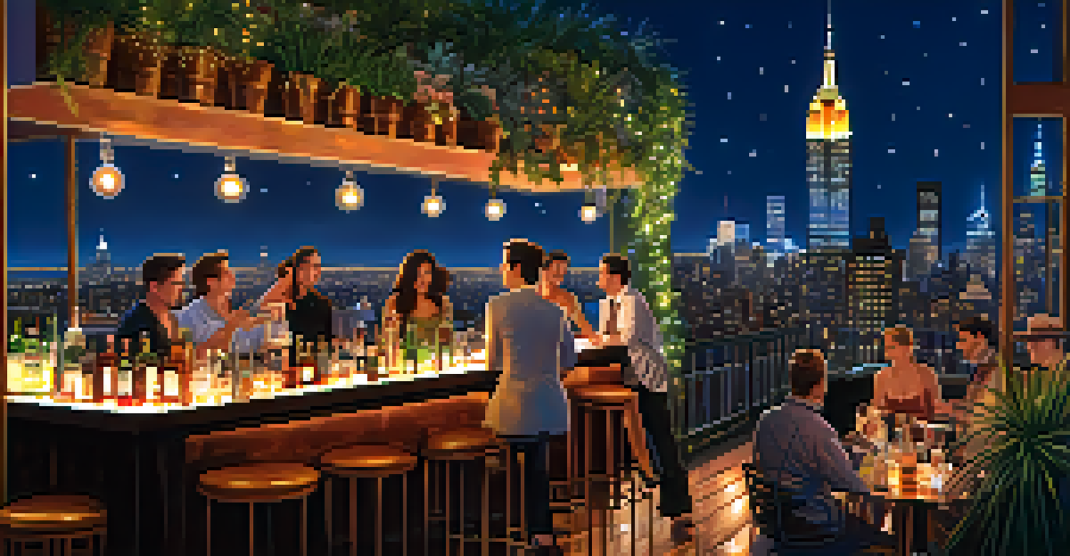 A lively rooftop bar scene at night with friends enjoying drinks and the NYC skyline in the background.