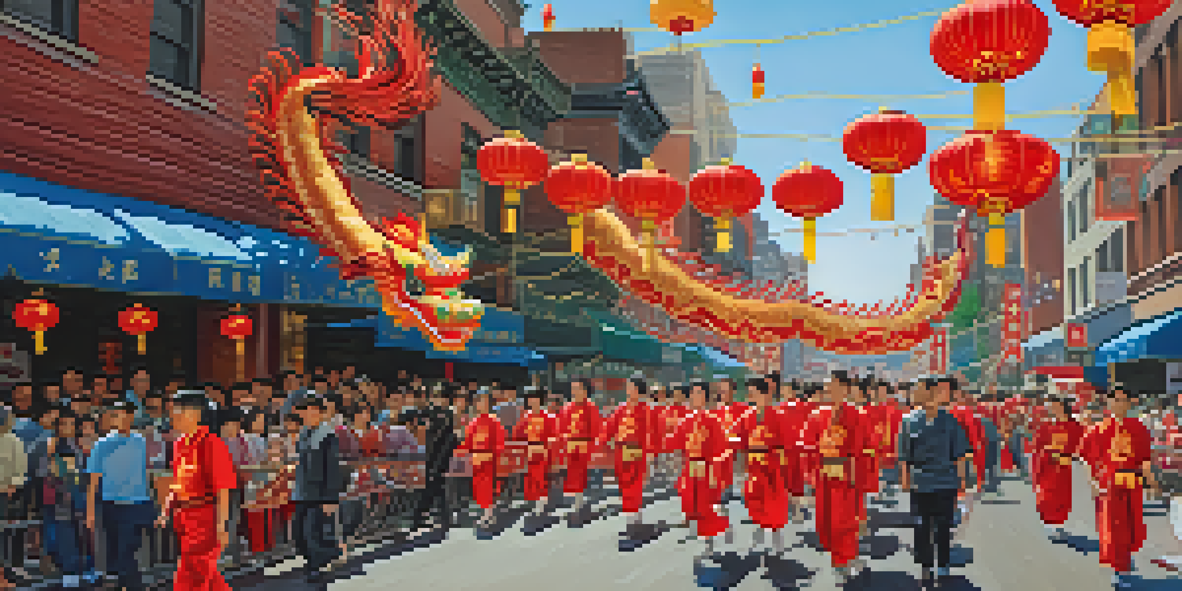 A lively celebration of the Chinese New Year parade featuring colorful floats, dragon dancers, and a crowd of diverse people in Chinatown, New York City.