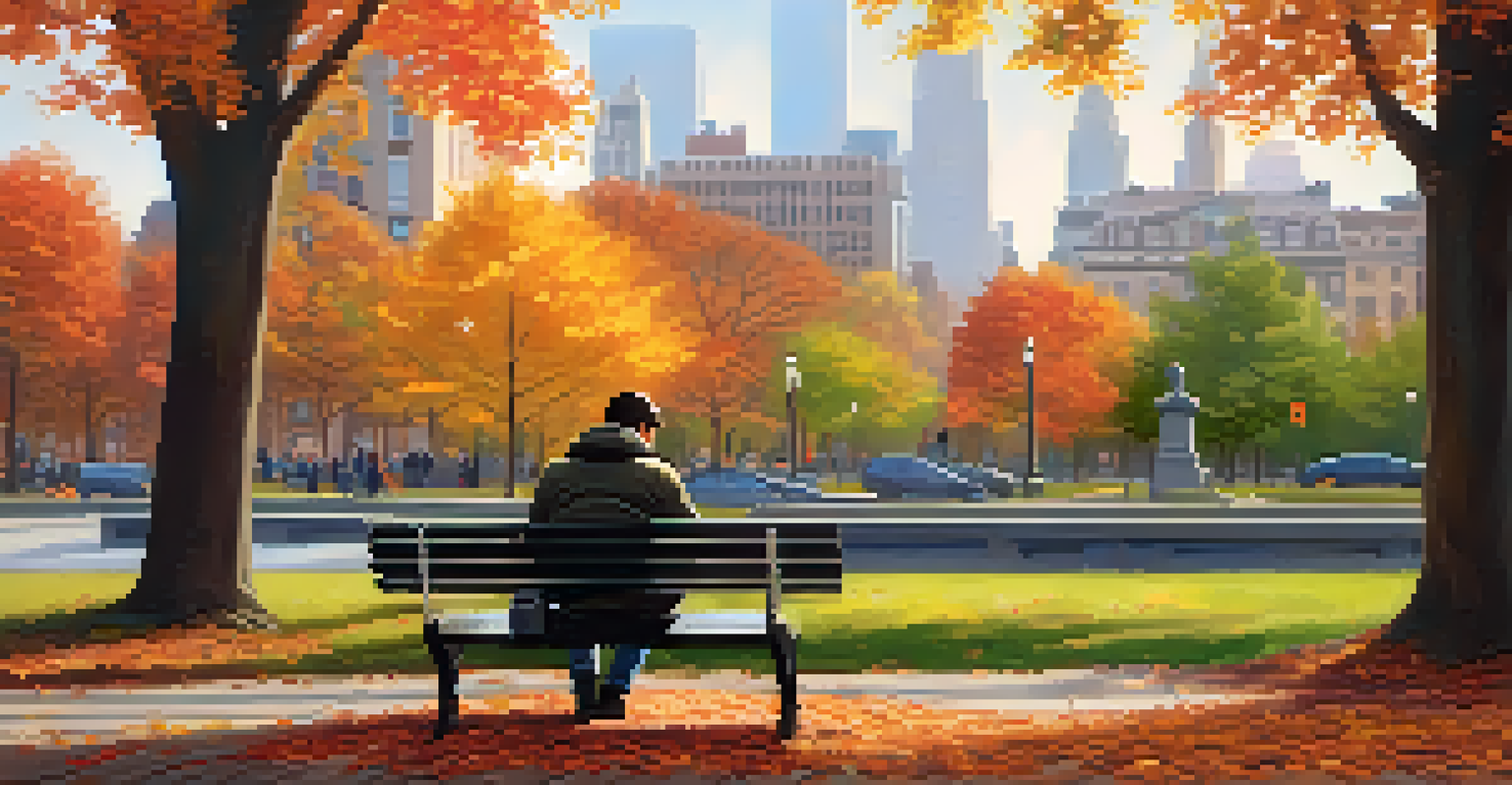 A freelancer working on a laptop in a New York City park surrounded by colorful autumn leaves.