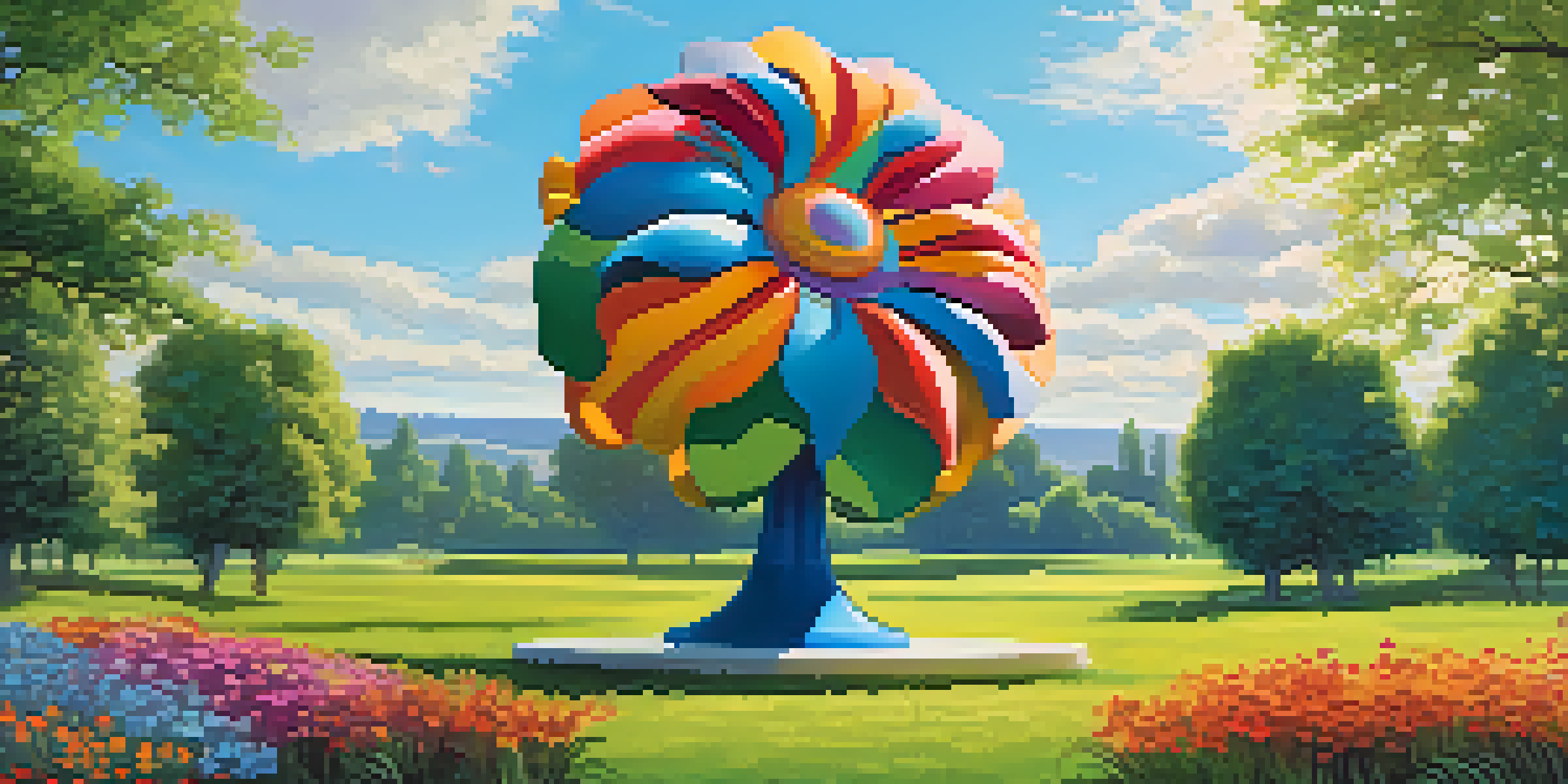 A large whimsical sculpture resembling an oversized flower in a park, surrounded by green grass and colorful wildflowers under a blue sky.