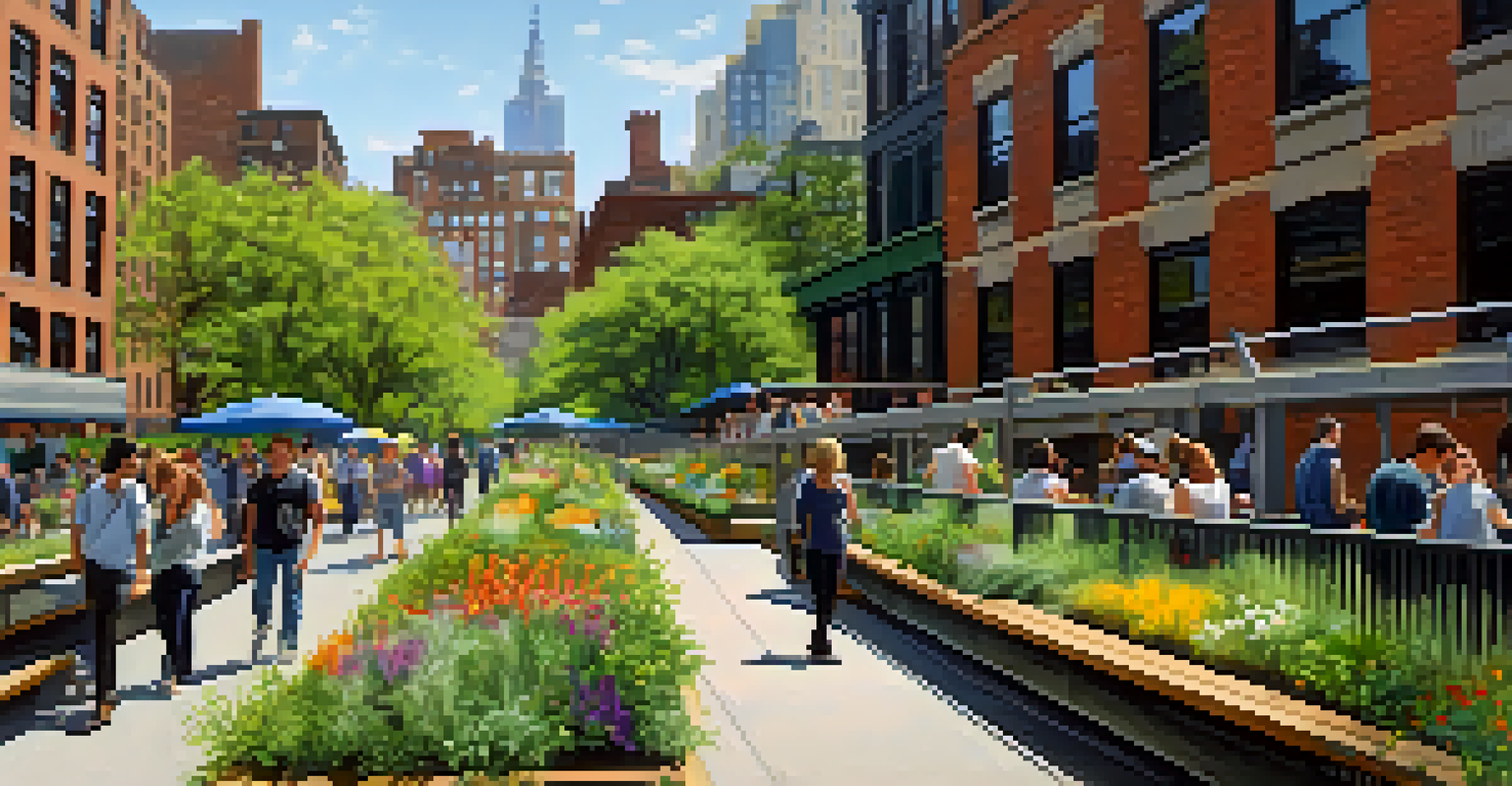 A sunny day at the High Line park in NYC, featuring lush greenery and diverse visitors enjoying the transformed elevated railway.