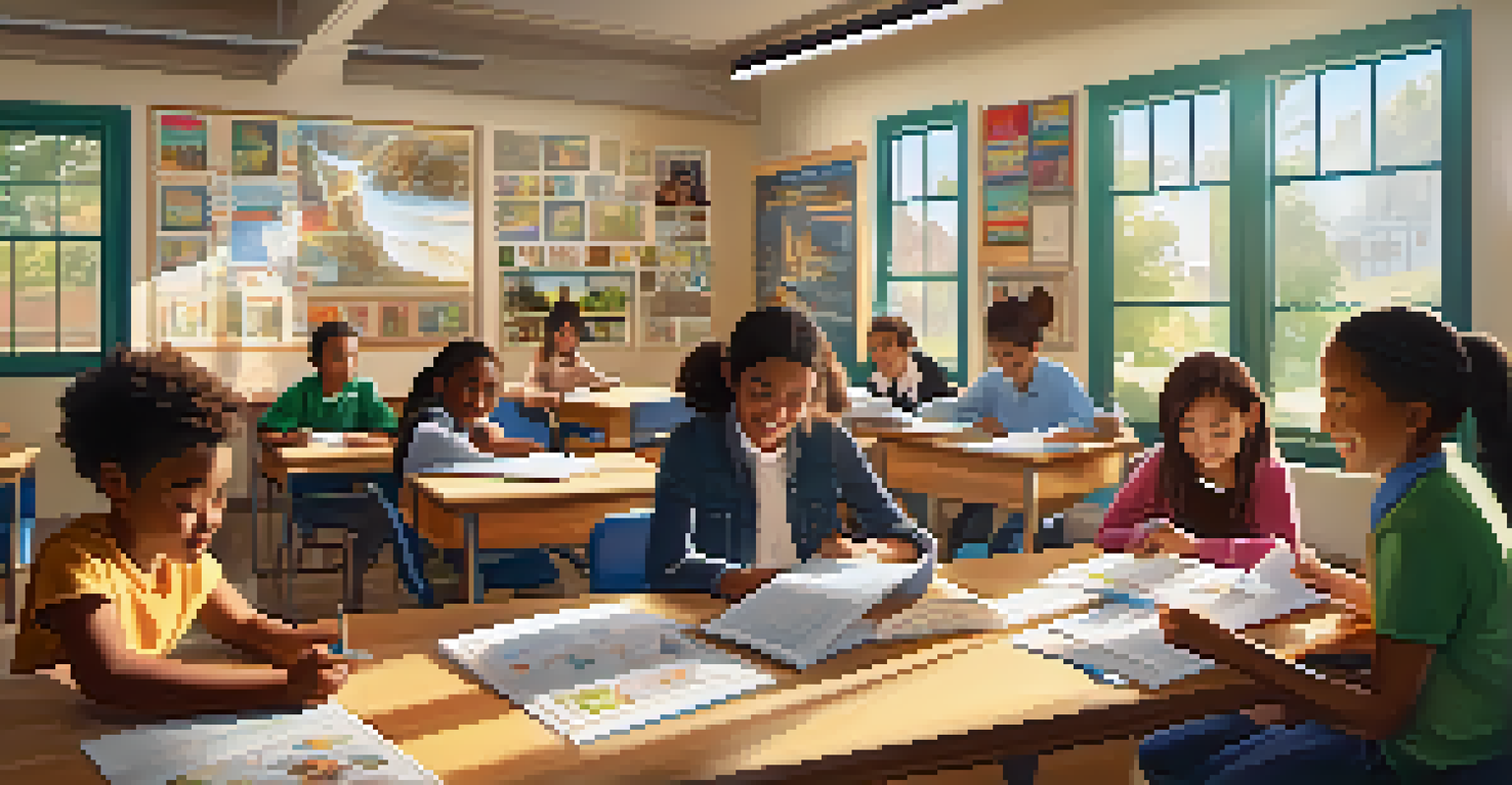 A diverse classroom in New York City with students working on a project, illuminated by sunlight.