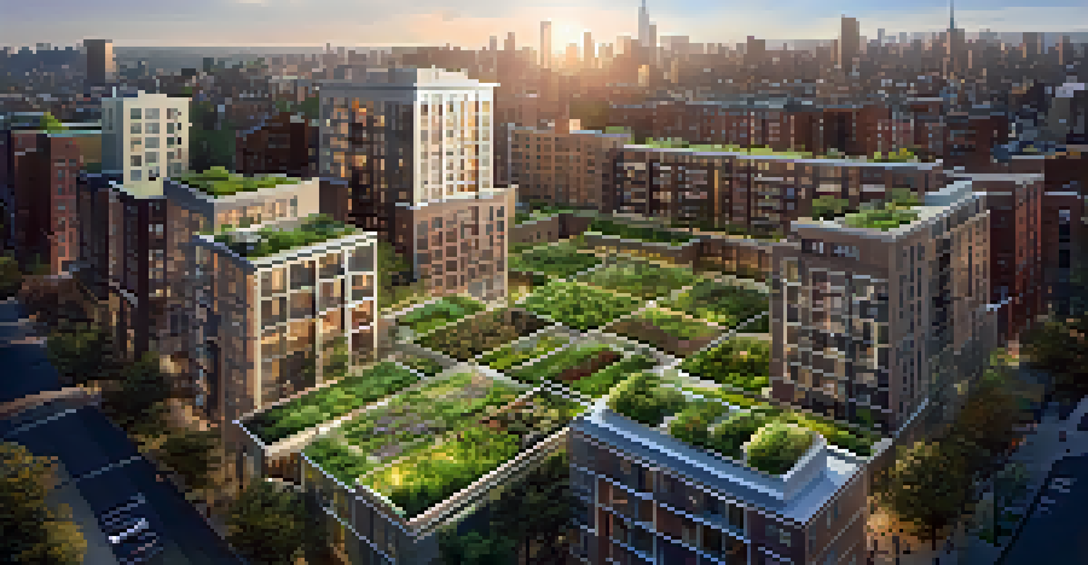 An aerial view of an eco-friendly mixed-use development featuring green roofs and community gardens.