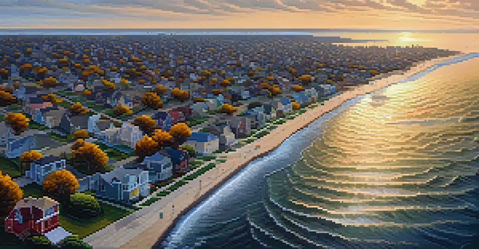 An overhead view of a coastal neighborhood in NYC with flood protection features and a beautiful sunset in the background.