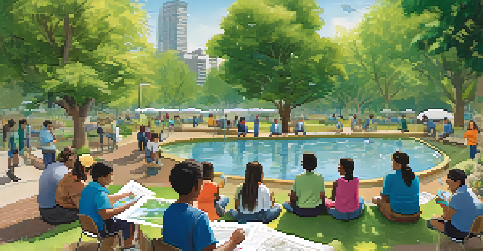 A community workshop on water conservation with residents participating in discussions and activities in a park.