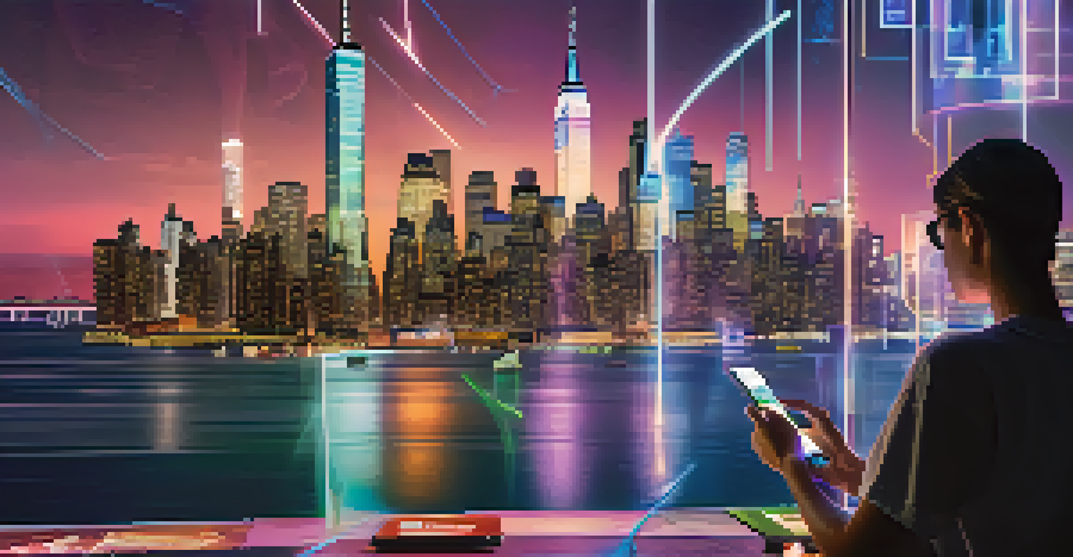 A resident in New York City using an augmented reality app to visualize urban development projects overlaid on the cityscape, with a futuristic skyline.