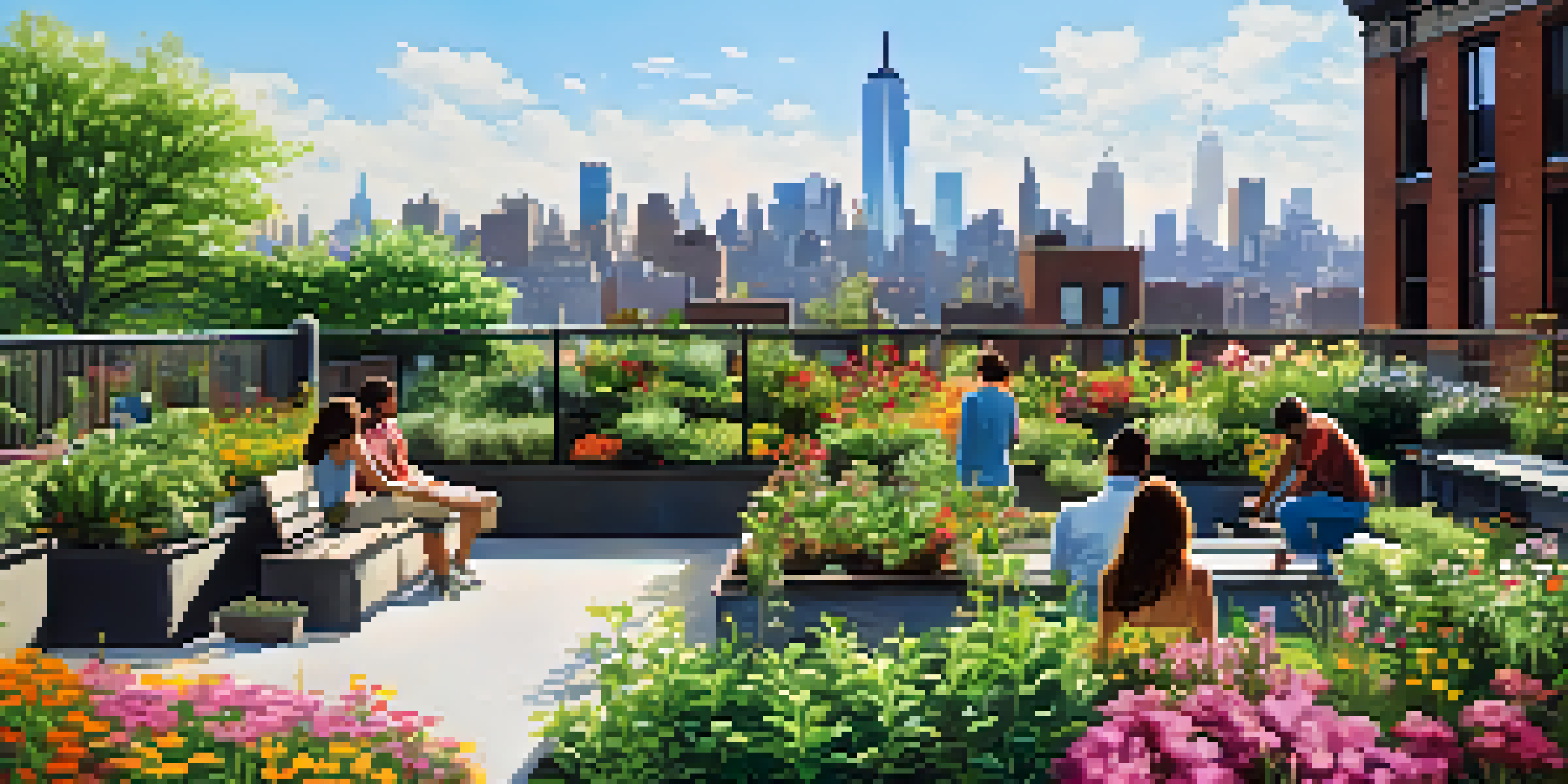 A rooftop garden in NYC filled with flowers and greenery, with people enjoying the space and the city skyline in the background.